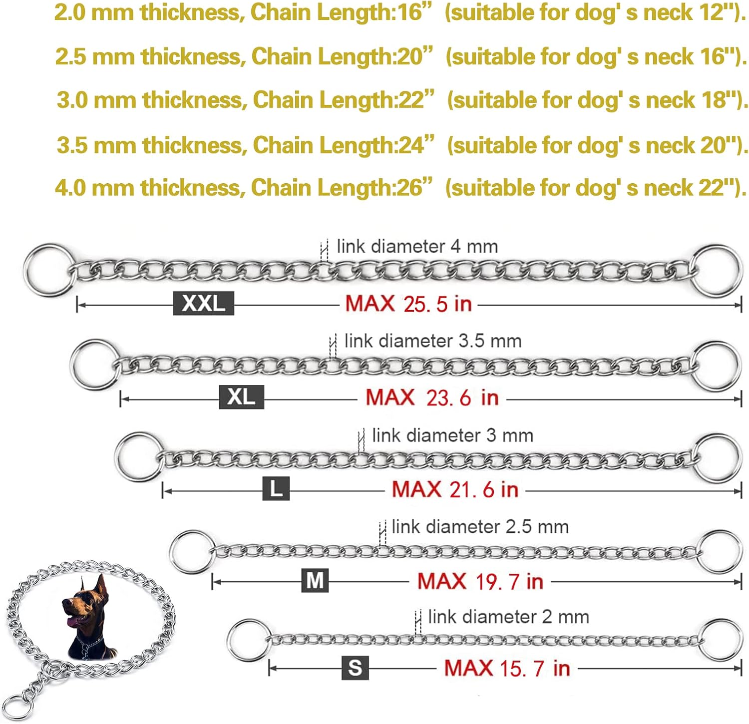 YUANKEXIANG Collar de estrangulador para perro, cadena P deslizante, collares de cadena de estrangulamiento para perros pequeños, medianos y