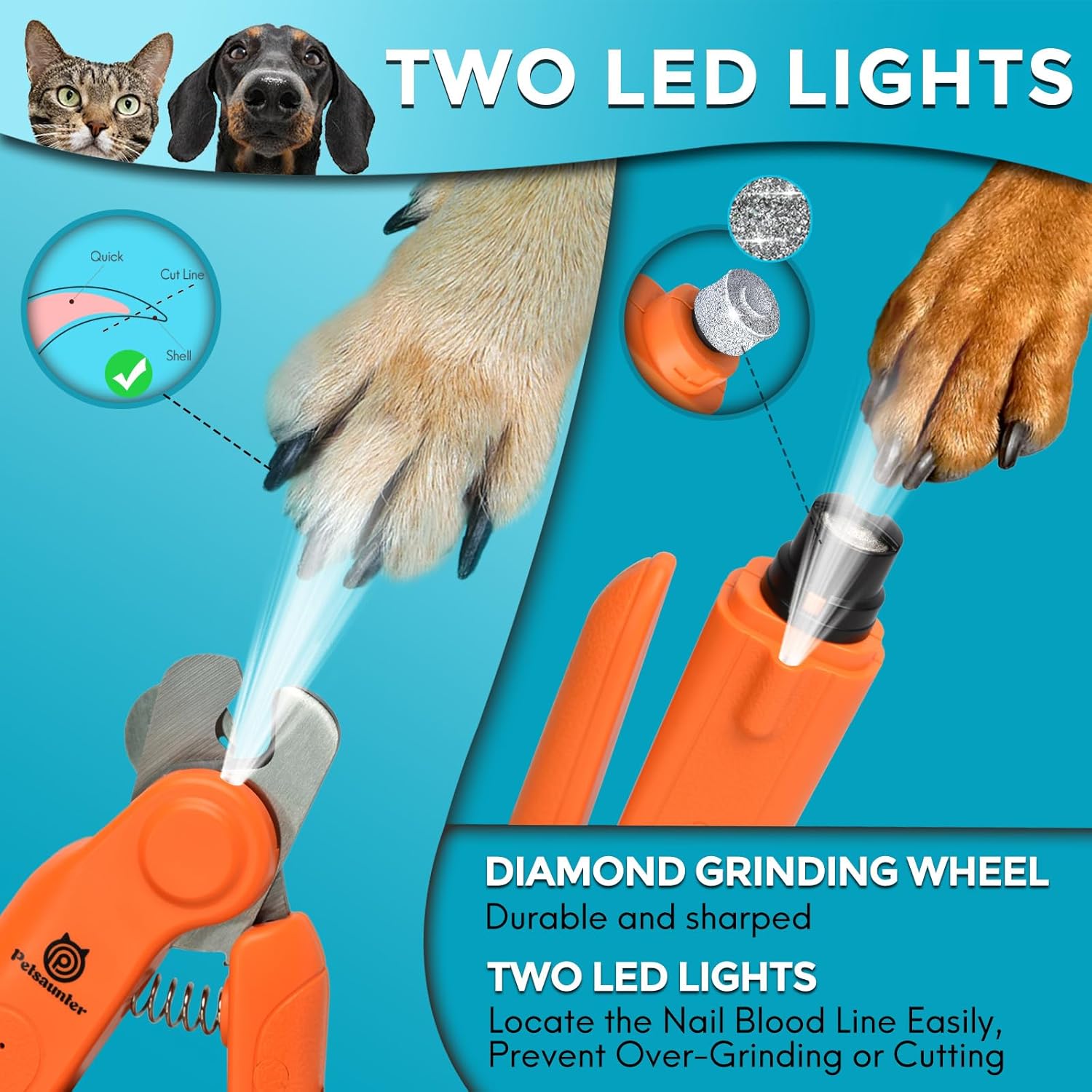 Cortaúñas y amoladora 2 en 1 para perro, 2 luces LED y protector de seguridad para perro, recortadores de uñas avanzados silenciosos y afilados para