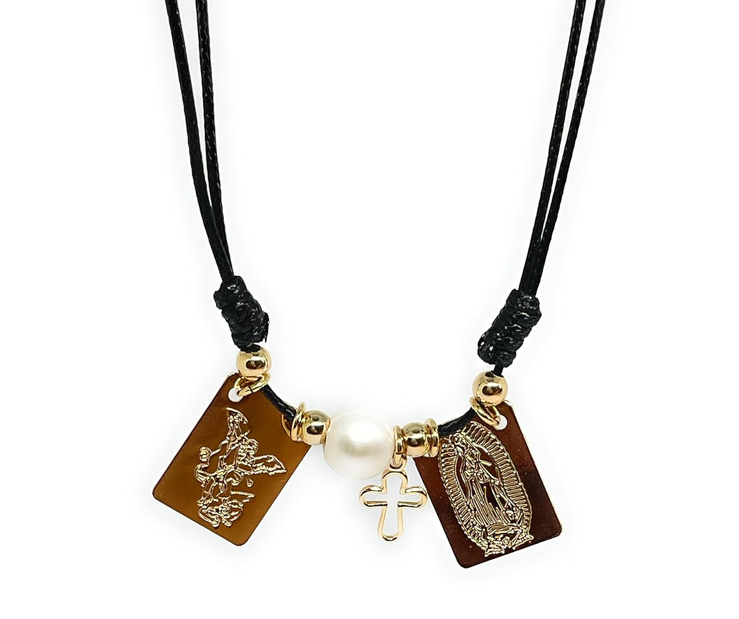 18k Gold Filled Scapular Leather Cord Choker Necklace Double Knotted Adjustable (Black)