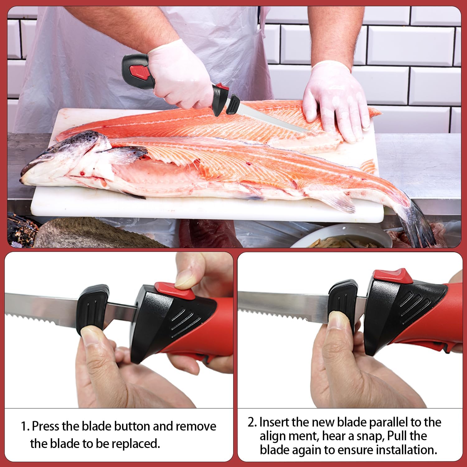 Mershca Cuchillo de filete eléctrico inalámbrico, con cuchillas recíprocas antiadherentes de 8 pulgadas con revestimiento SS totalmente dentado y