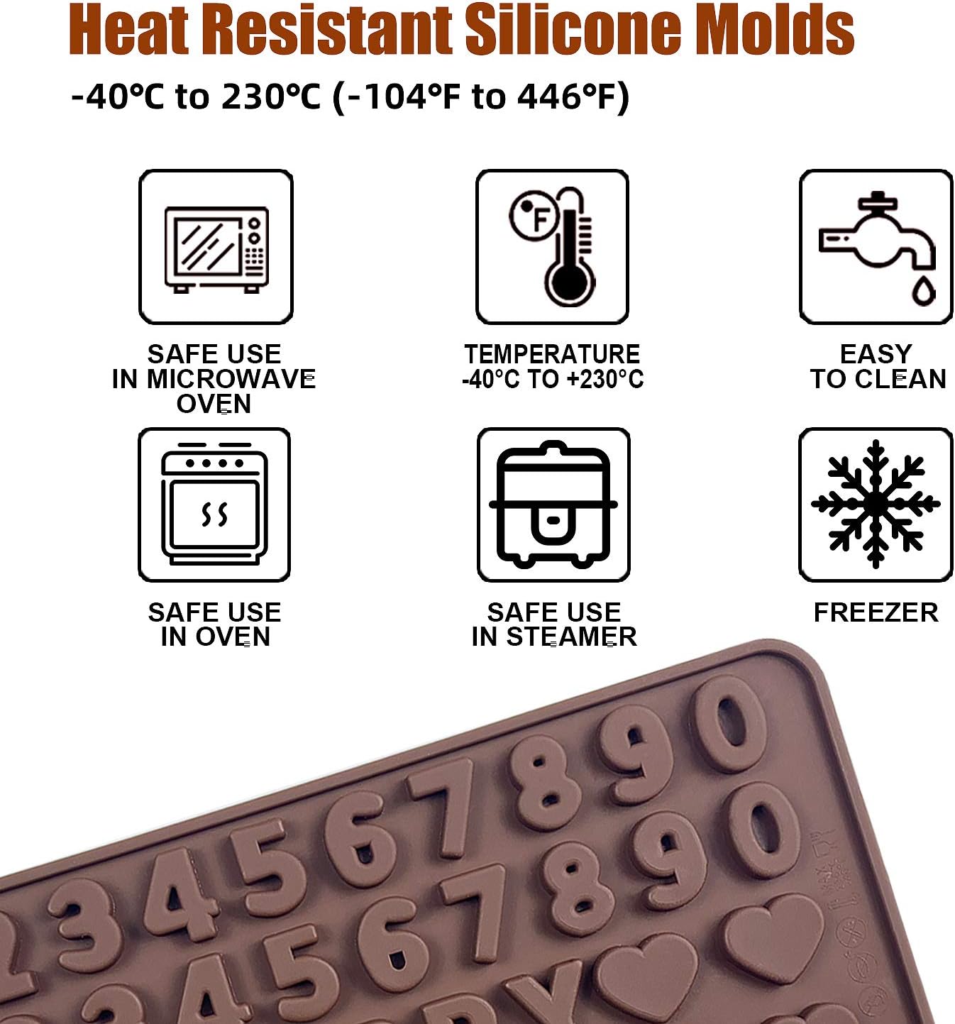 Walfos Molde de silicona para letras y números de chocolate, molde antiadherente para chocolate, hecho de silicona de grado alimenticio, sin BPA,
