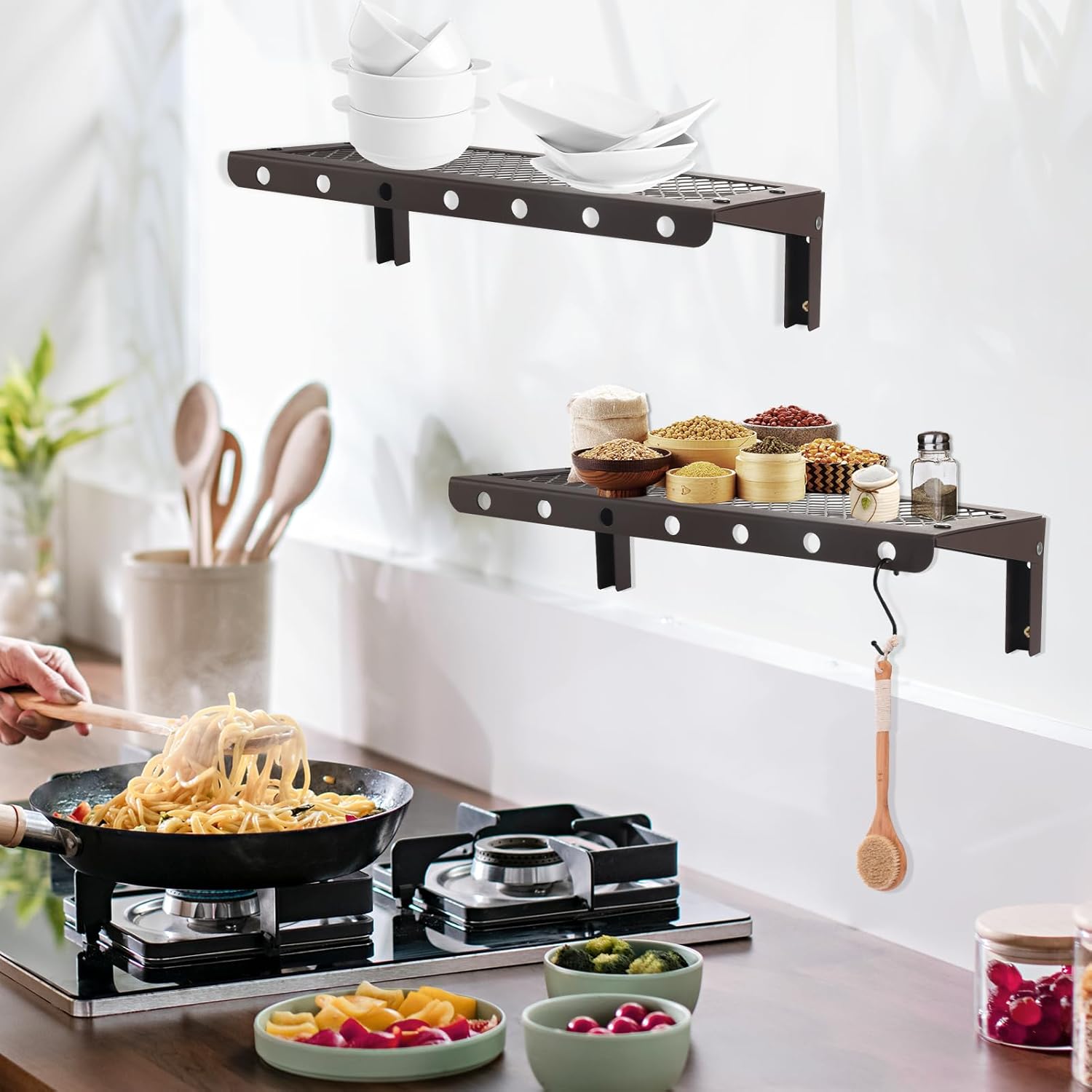 Juego de 2 estantes flotantes de metal, estantes de pared, paneles de metal, plegables, para sala de estar, cocina, baño, garaje, color marrón con