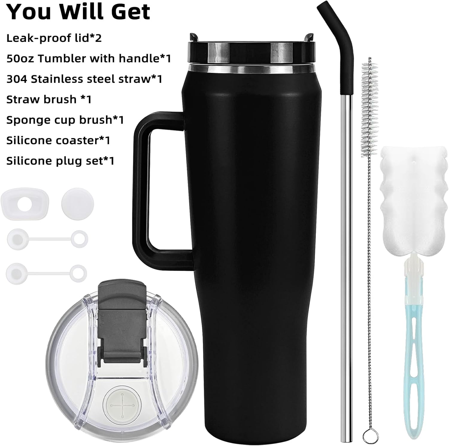 Vaso con asa y pajita, acero inoxidable de 50 onzas, doble pared aislada al vacío, taza de viaje con tapa de dos tornillos y posavasos de silicona,