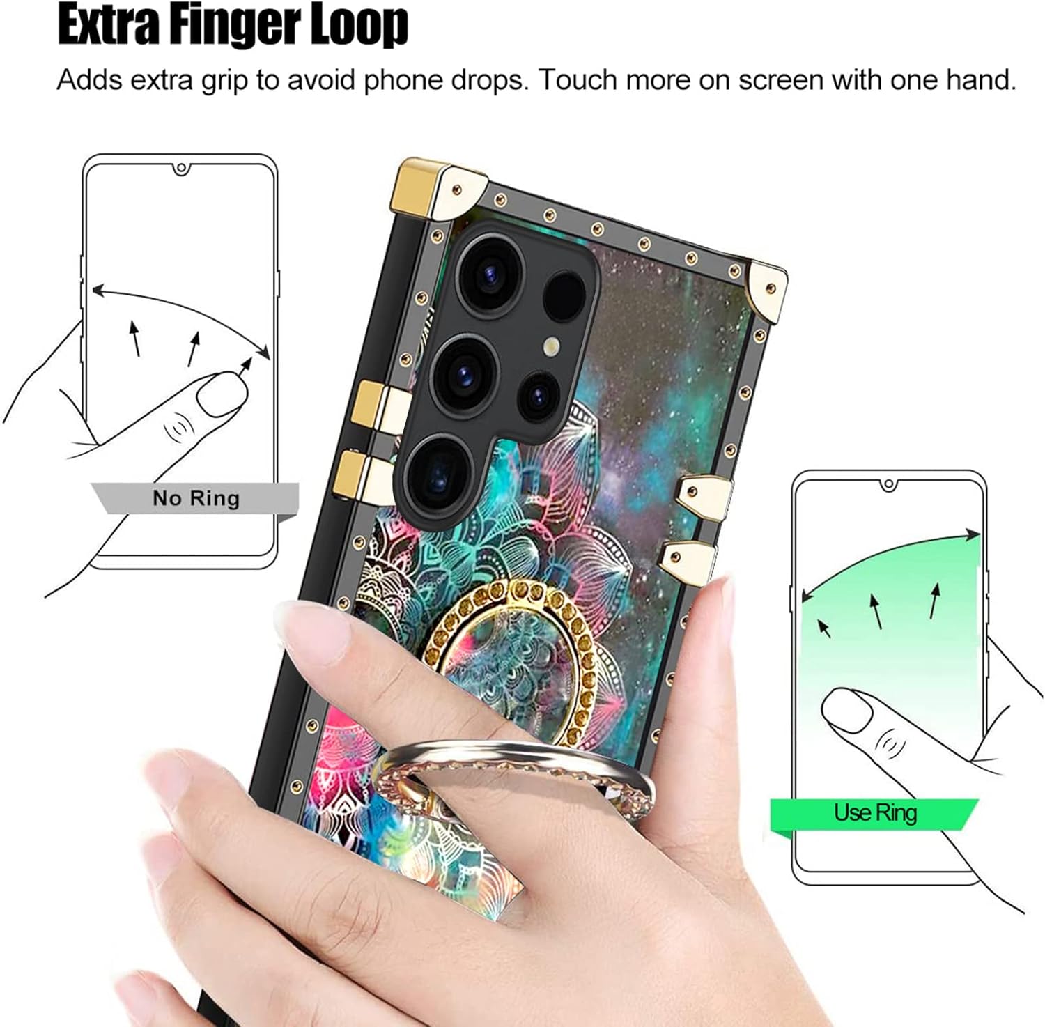 nancheng Funda ultra cuadrada para Samsung Galaxy S23 (2023) para niñas y mujeres, linda flor, pétalo, estrella, cielo, con anillo y correa de