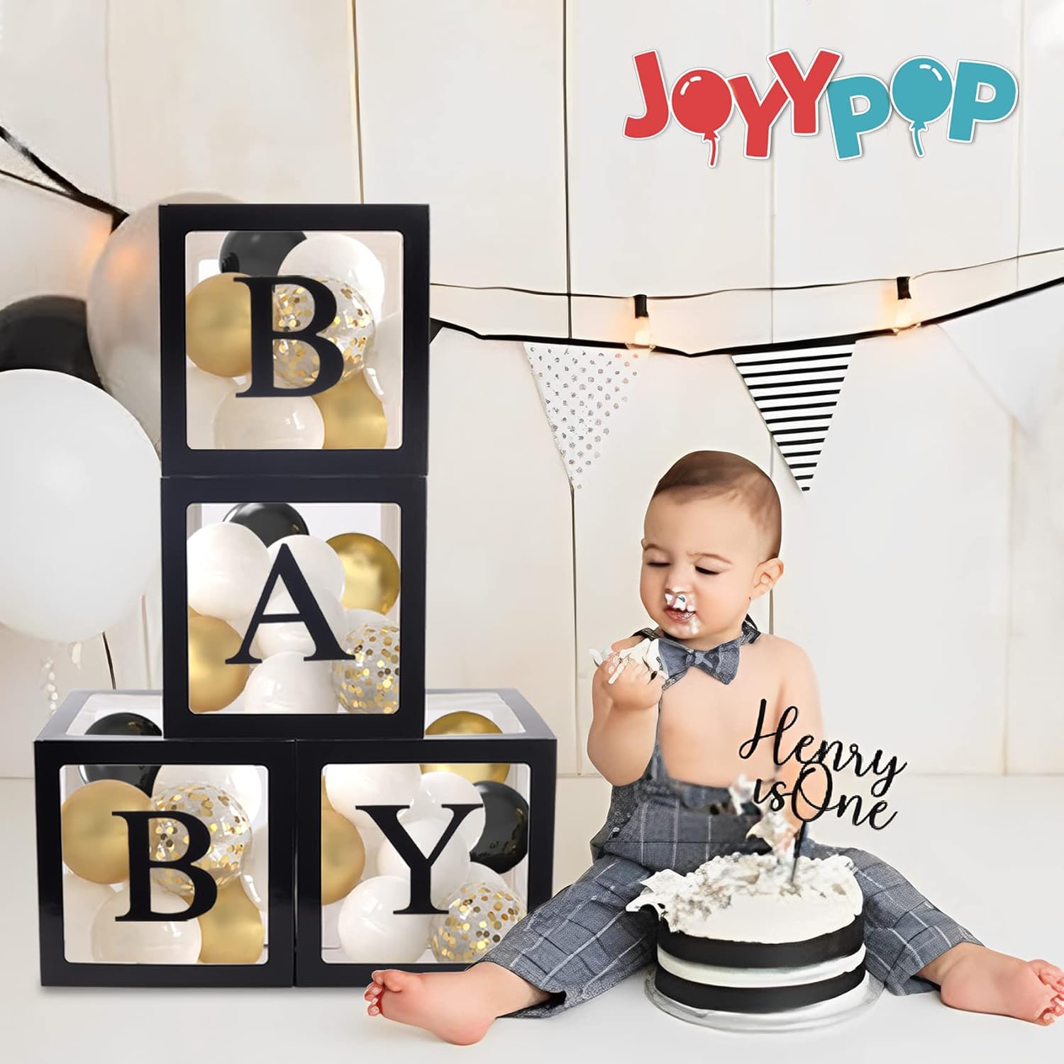 Cajas de bebé con letras para baby shower, 4 cajas de globos transparentes con 16 letras para cumpleaños de niños y niñas, decoraciones de