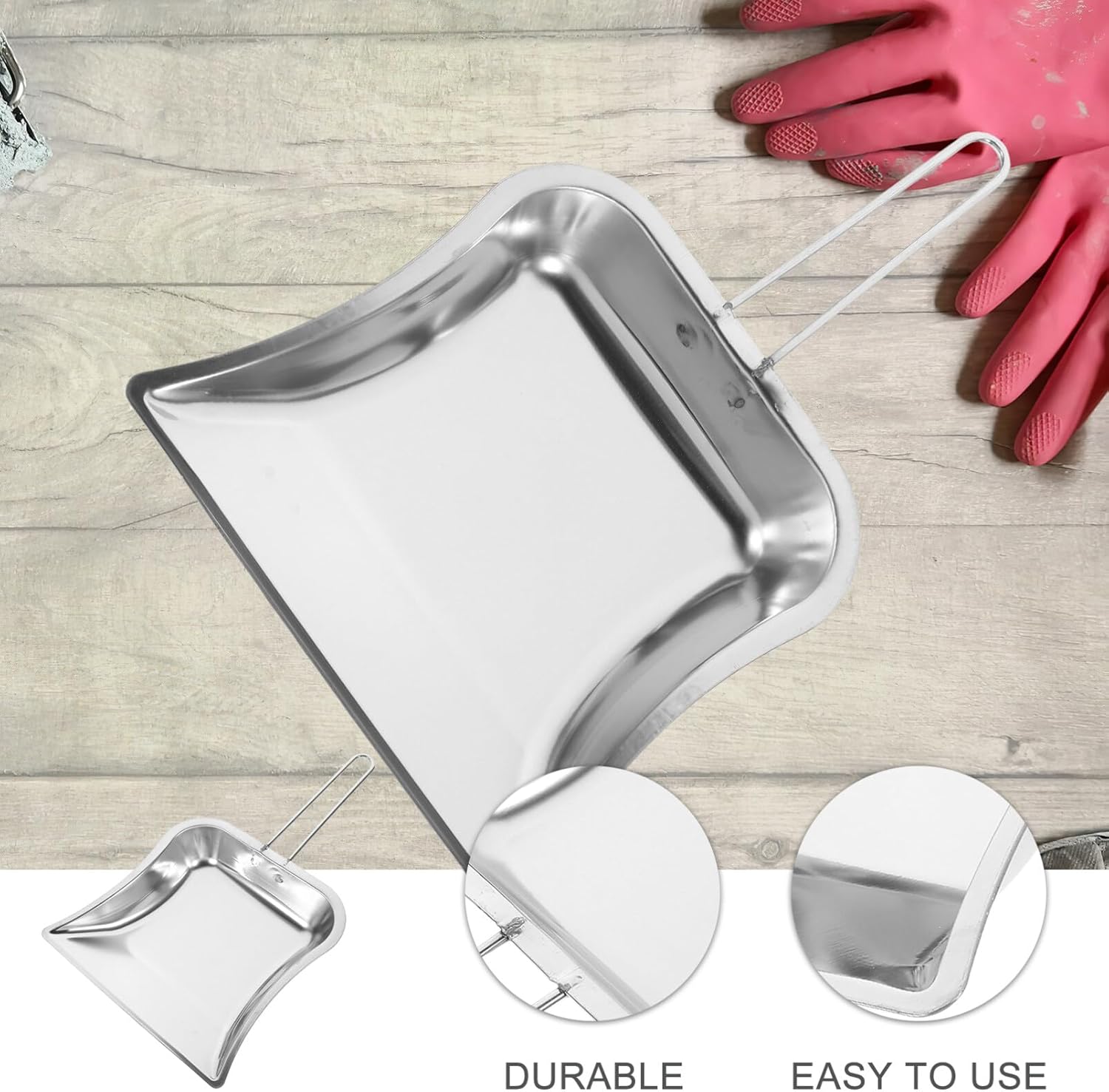 GLEAVI Sartén de metal resistente  Sartén de acero inoxidable con asa, pala de basura de mano, borde de precisión, pequeño recogedor para el hogar,