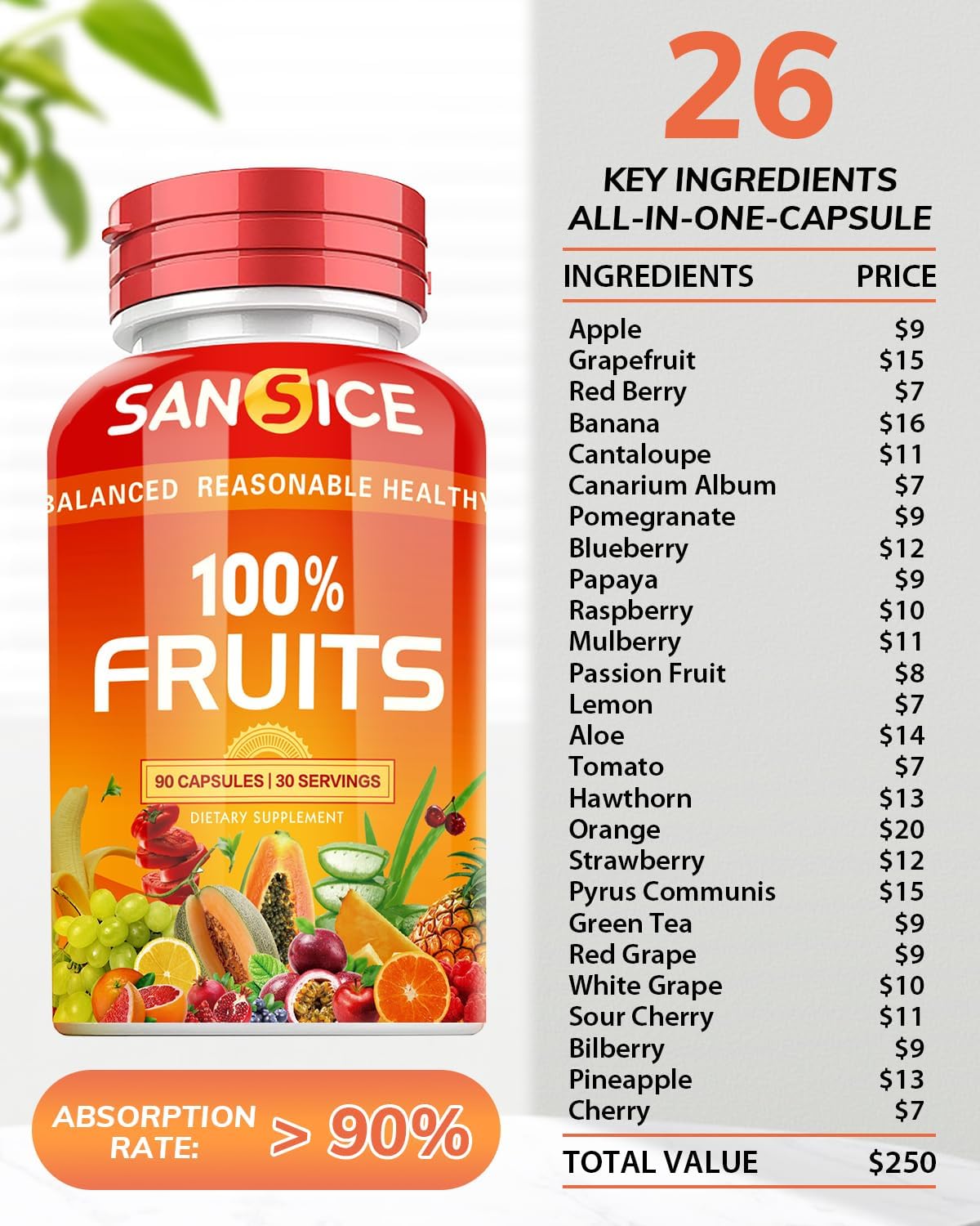 SANSICE Suplemento de frutas y verduras, vitaminas 100% naturales de frutas y verduras, sin soja y sin OMG, suplementos de verduras y frutas para
