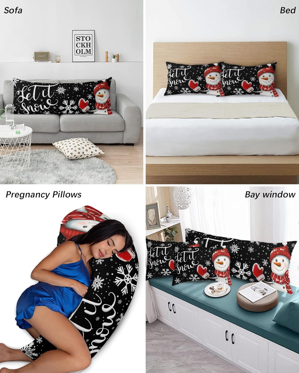 Funda de almohada corporal de muñeco de nieve, fundas de almohada suaves y decorativas de lujo para sofá largo lumbar con cierre de sobre, Feliz