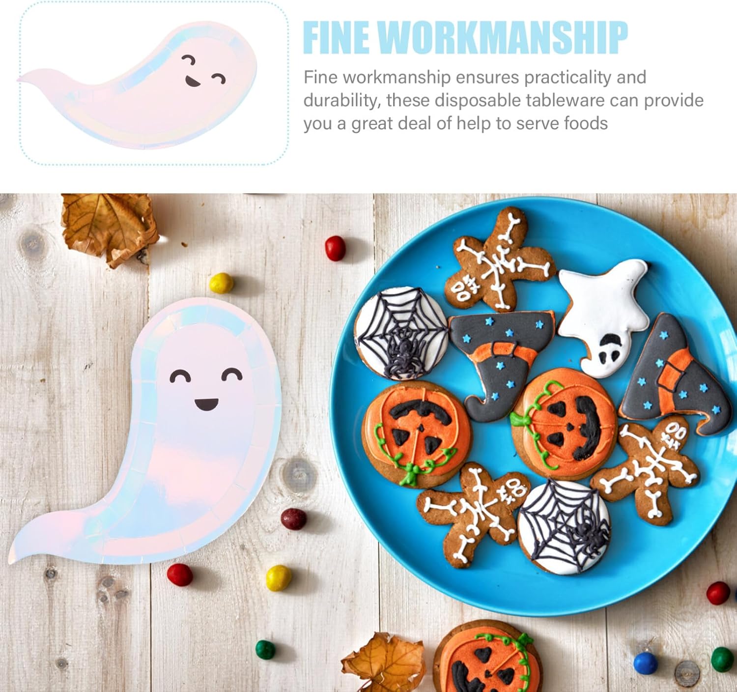 Abaodam 40 platos de fiesta de Halloween, platos de papel desechables con forma de fantasma, plato de postre temático de Halloween, bandeja para