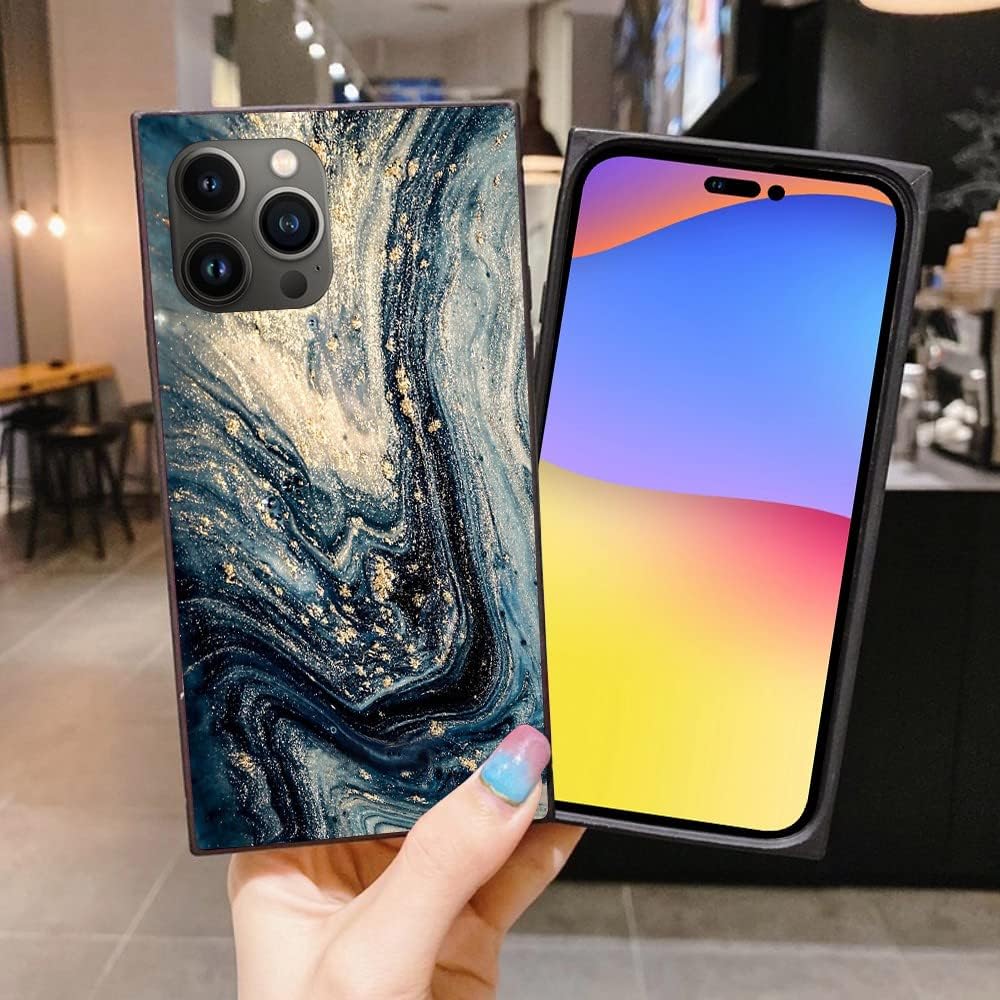 ZHUXUXITT Funda cuadrada de lujo para iPhone 15 Pro Max, diseño de mármol azul y dorado, funda cuadrada para mujeres y hombres, suave TPU protección