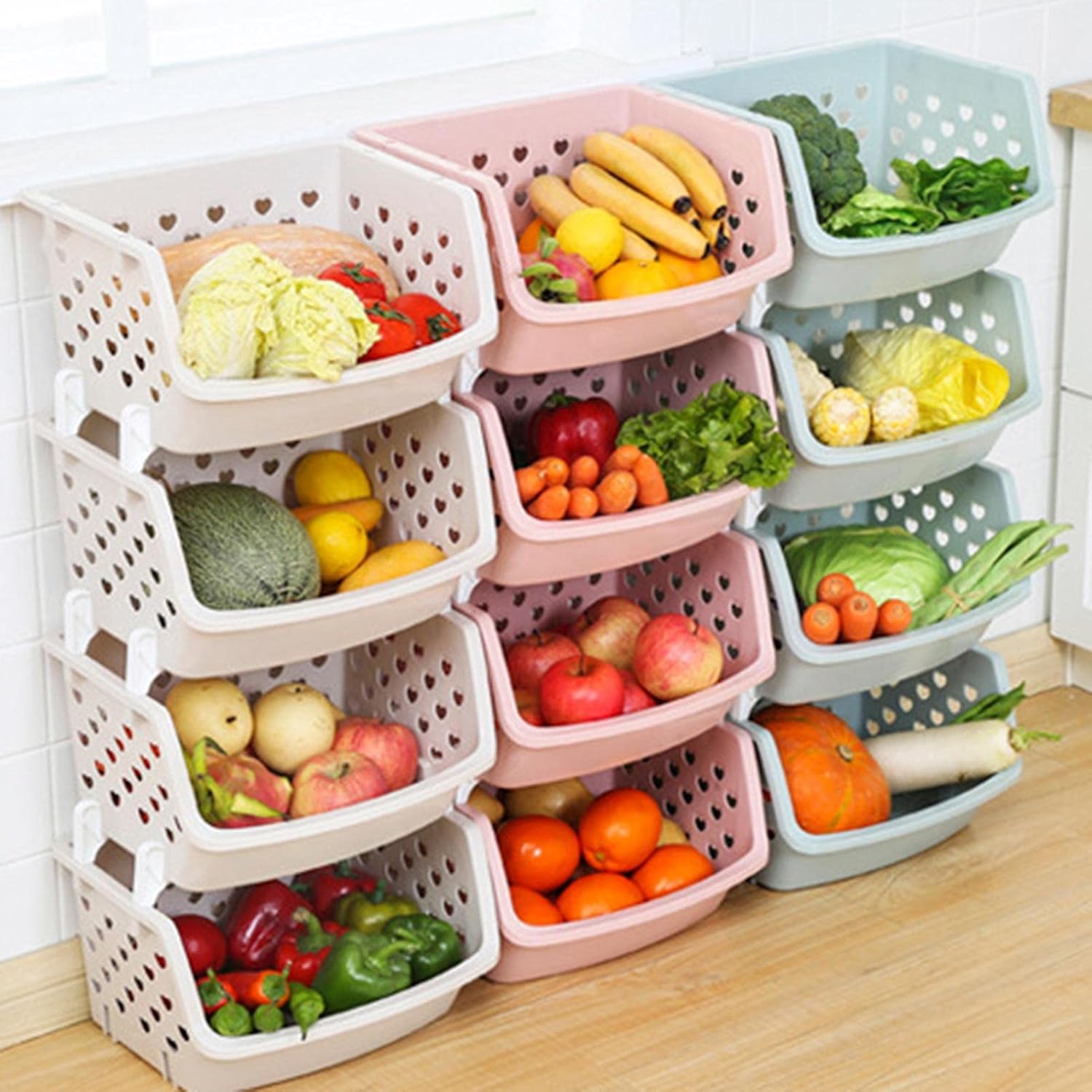 Crown – Contenedores apilables de plástico (3 piezas)  Contenedores apilables para organizar alimentos, cocina y baño esenciales