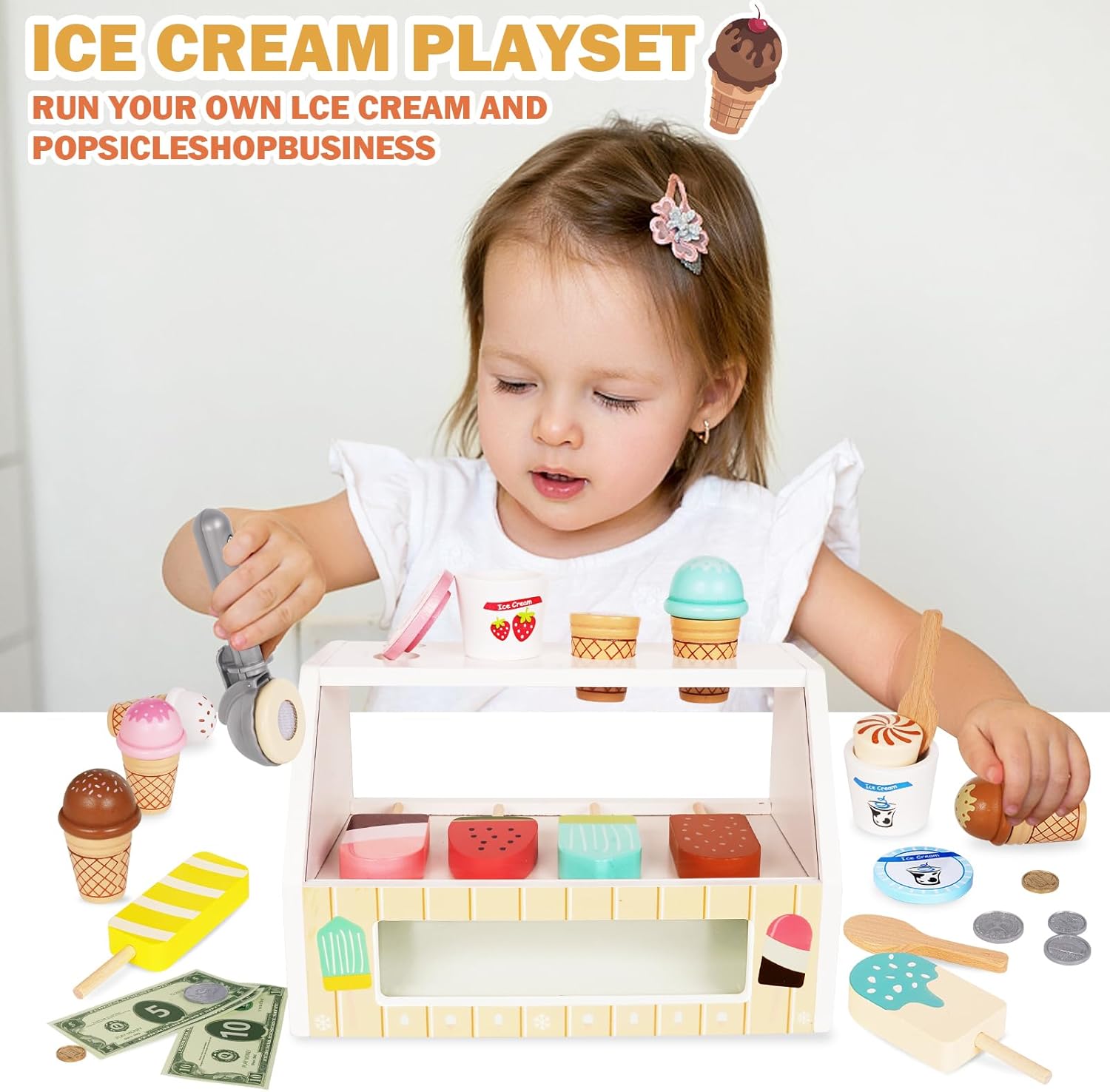 Juego de contador de helados para niños, juguetes de comida Montessori, accesorios de cocina, juego de paletas de madera con cuchara y dinero falso,