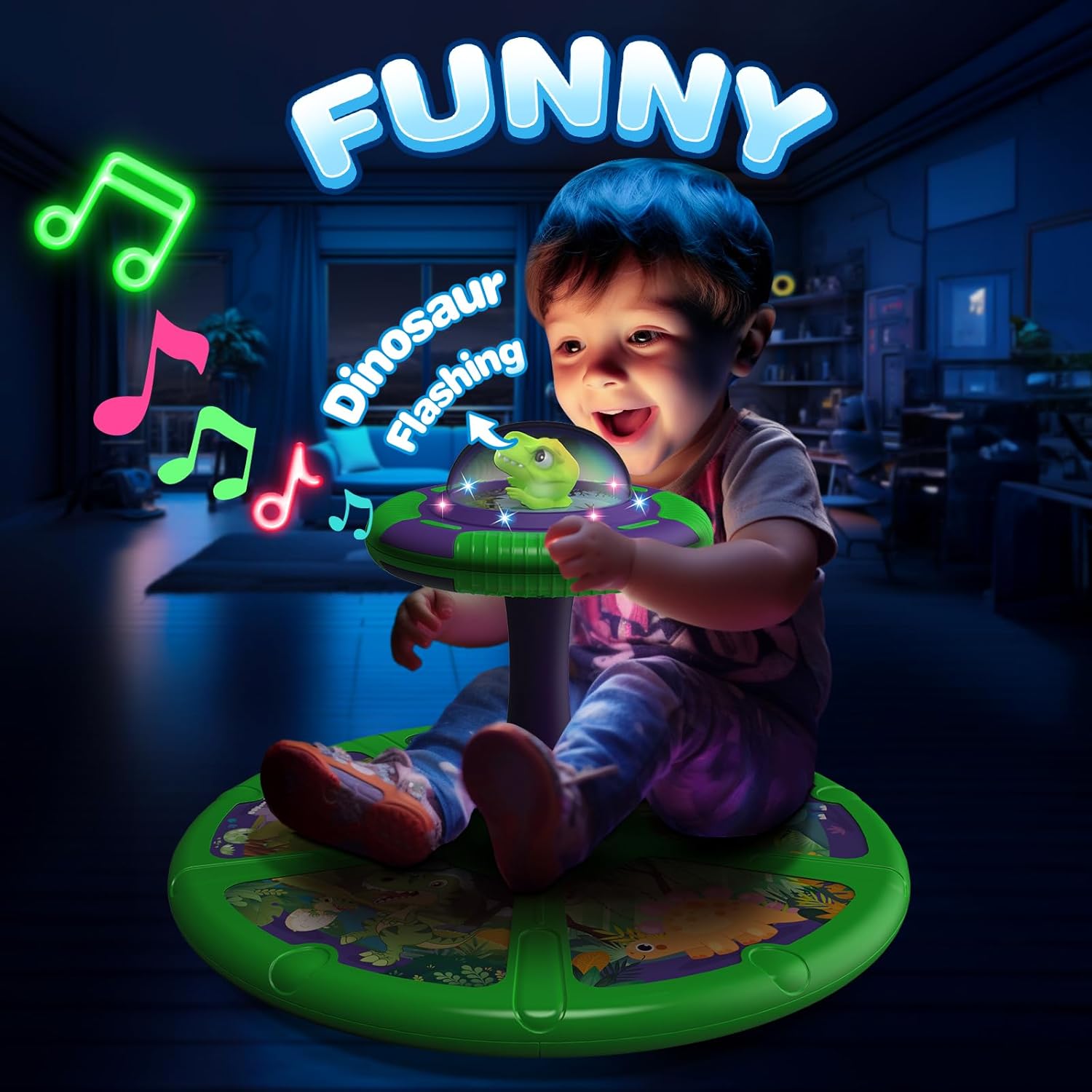 Dinosaurio sentado y giro, 360 Sit and Spin, juguete para niños pequeños de 1 2 a 3 años con LED y música, regalo de cumpleaños para niños y niñas