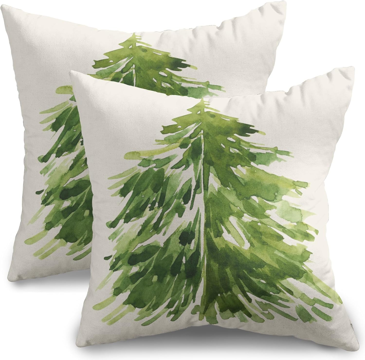 Juego de 2 fundas de almohada de árbol de Navidad en acuarela de 18 x 18 pulgadas, diseño rústico de pino verde con estampado de pinos para