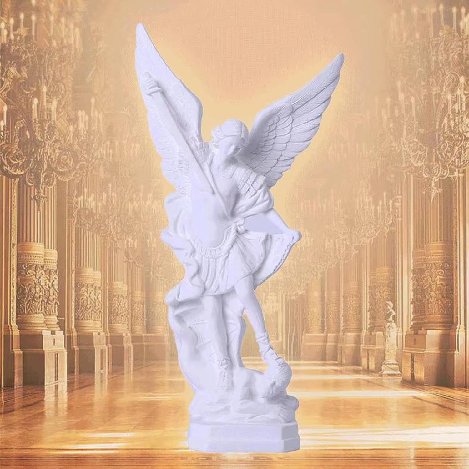 Estatua de ángel blanco puro, resina de 12 pulgadas, figura de demonio matador de arcángel de San Miguel, adornos de ángel católico de la justicia