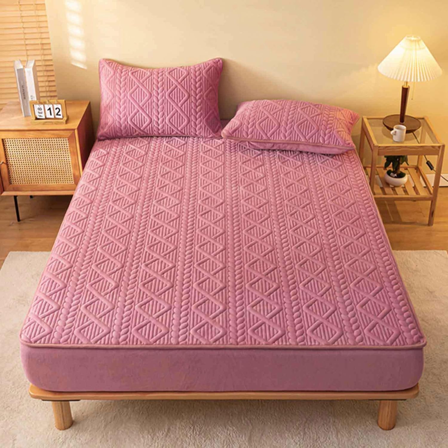 LOriax Juego de sábanas bajeras de terciopelo lechero de invierno coral de forro polar grueso, juego de tres piezas, rosa A-70.8 x 78.7 pulgadas