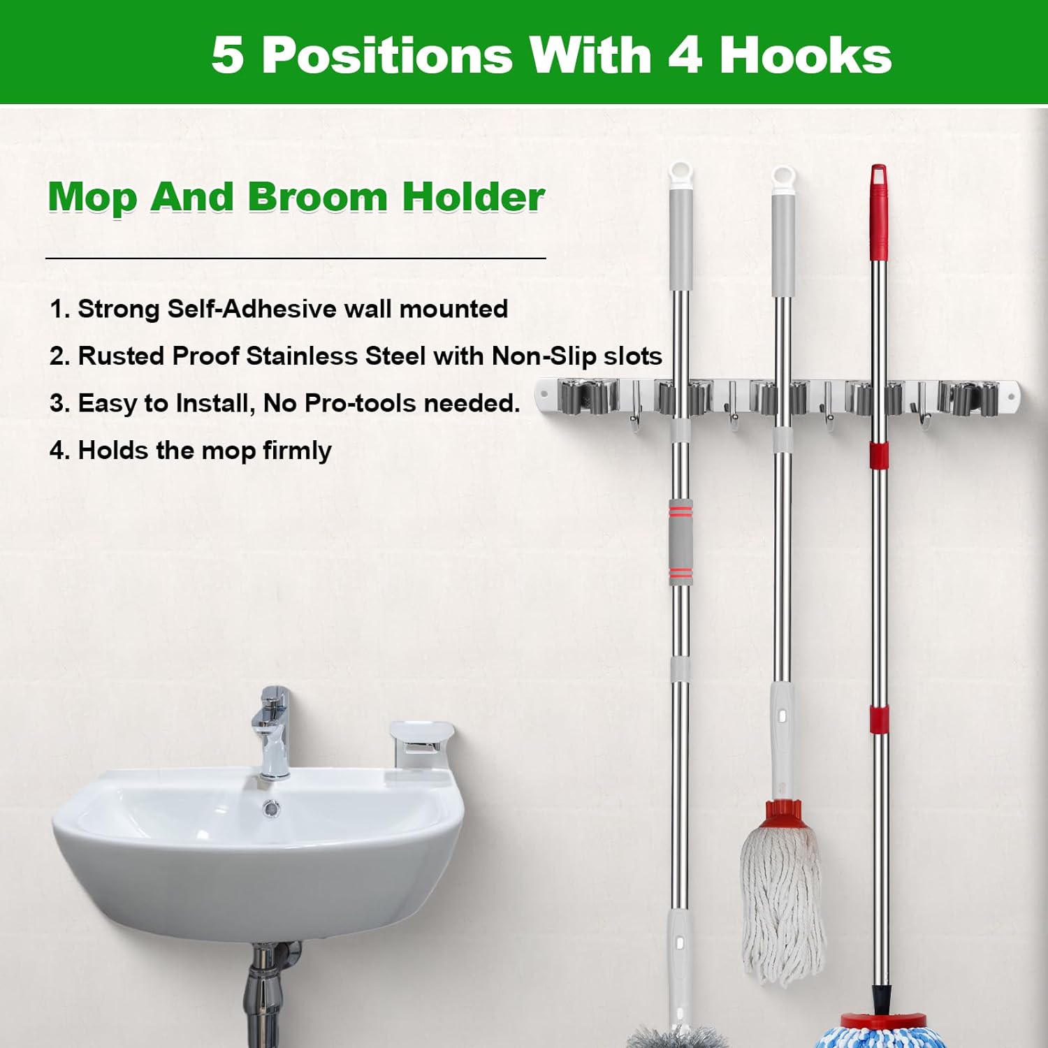 voze 5 estantes y 4 ganchos, soporte de pared para trapeador y escoba, autoadhesivo, resistente, organizador de escobas, estantes de herramientas de