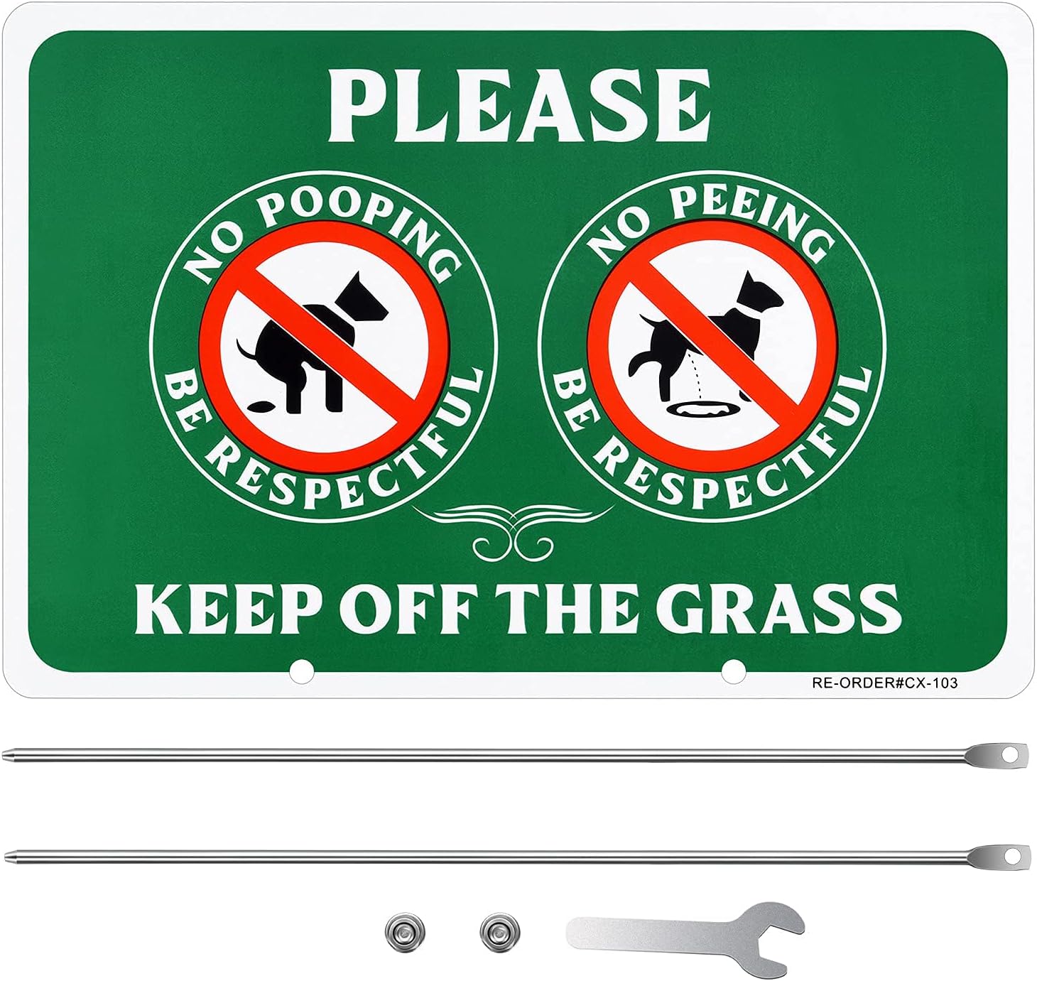 MUXYH Letrero de perro de doble cara con texto en inglés Please Be Respectful, Keep Off The Grass, de construcción de metal, 12 x 9 pulgadas, con
