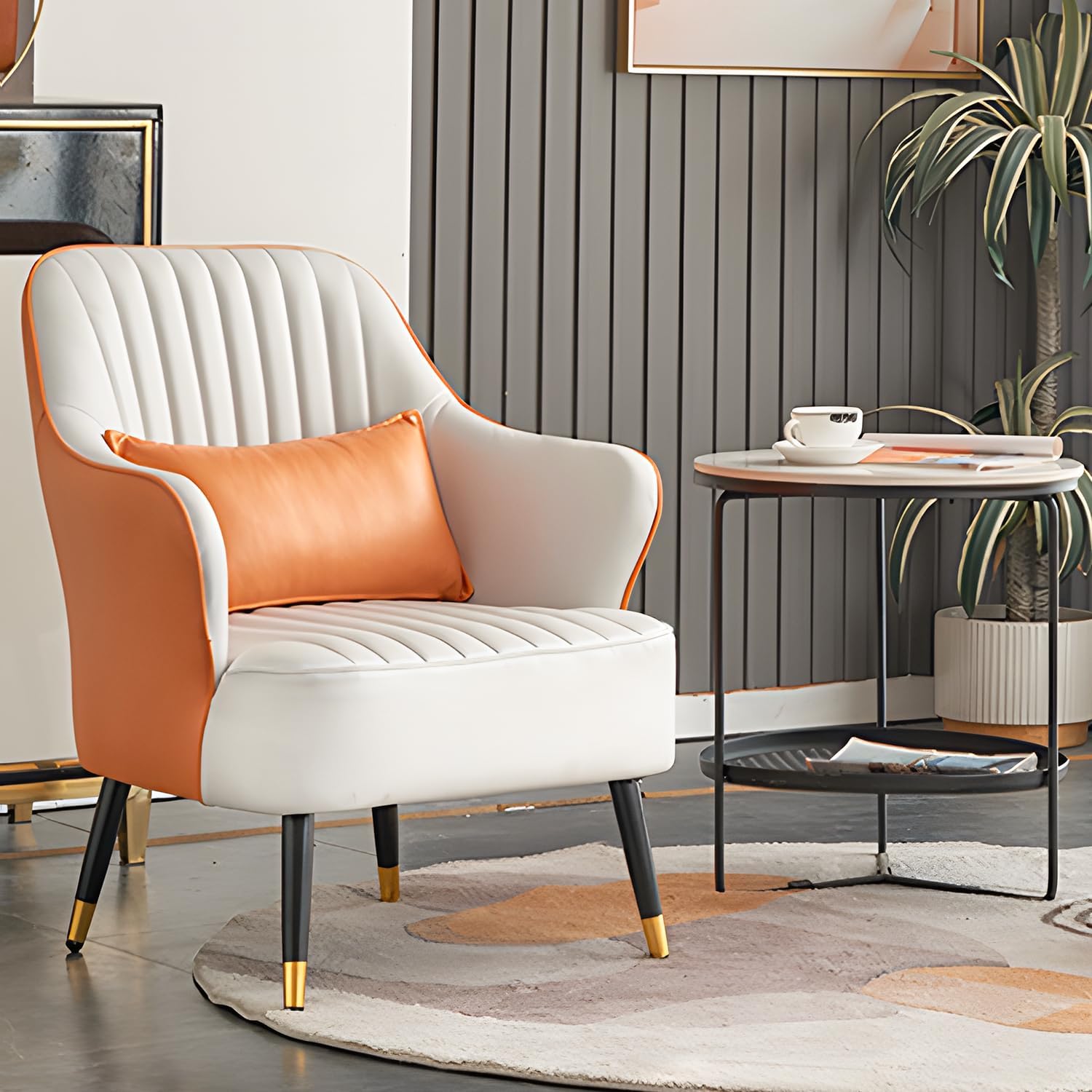 MoNiBloom Mid-Century – Silla moderna y cómoda con brazo para dormitorio y sala de estar, silla tapizada de cuero blanconaranja con almohada lumbar