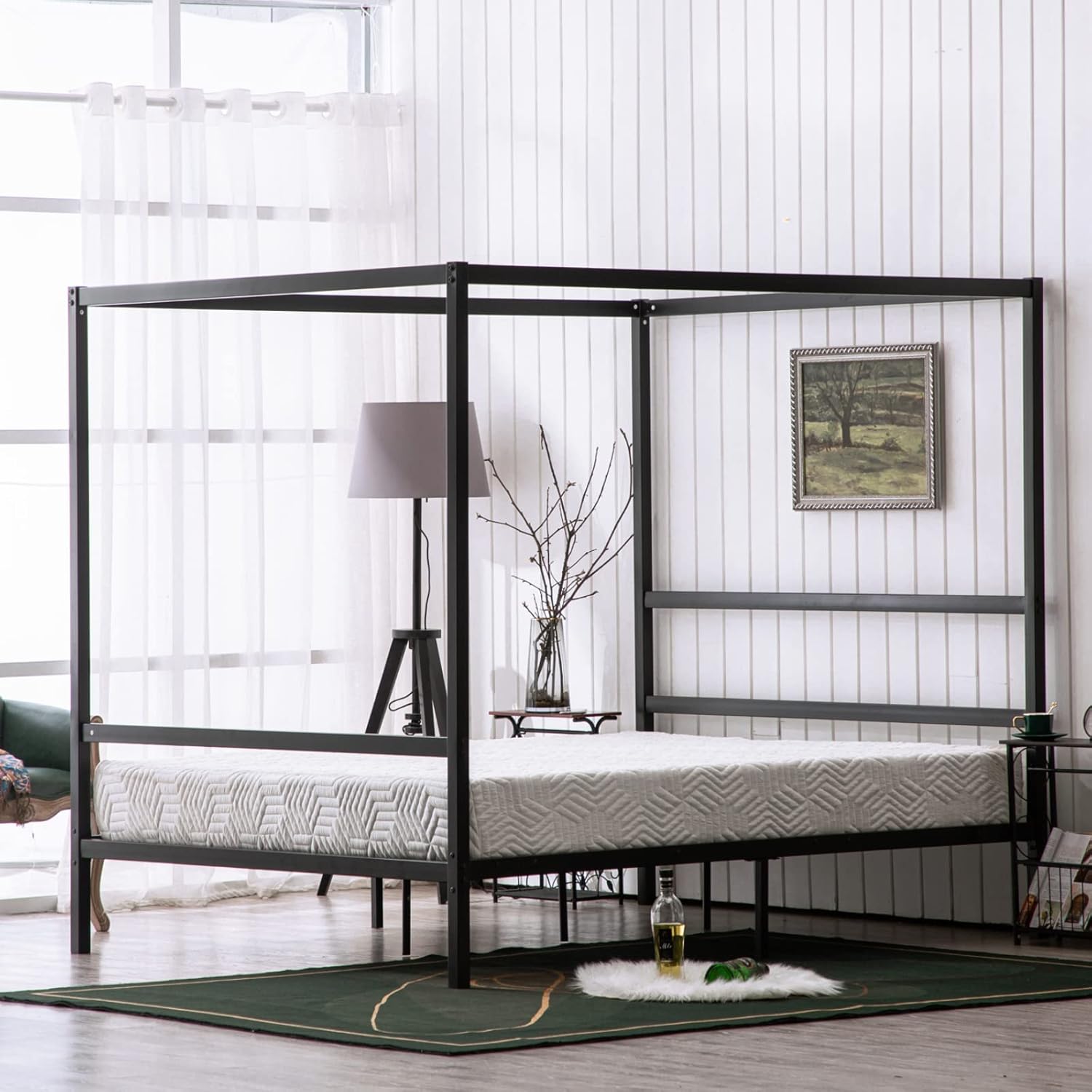 Bonnlo Marco de cama con toldo negro tamaño matrimonial con cabecero, plataforma de metal de 10 pulgadas con 4 carteles, no necesita somier