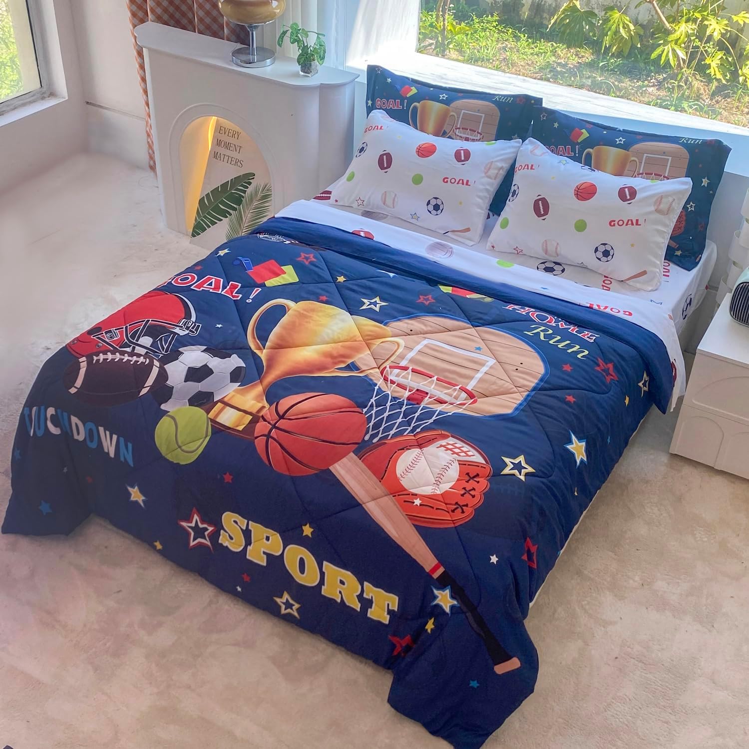 Jameswish Juego de edredón deportivo para niños, tamaño matrimonial, 7 piezas, juego de ropa de cama de baloncesto, fútbol, béisbol, para niños,