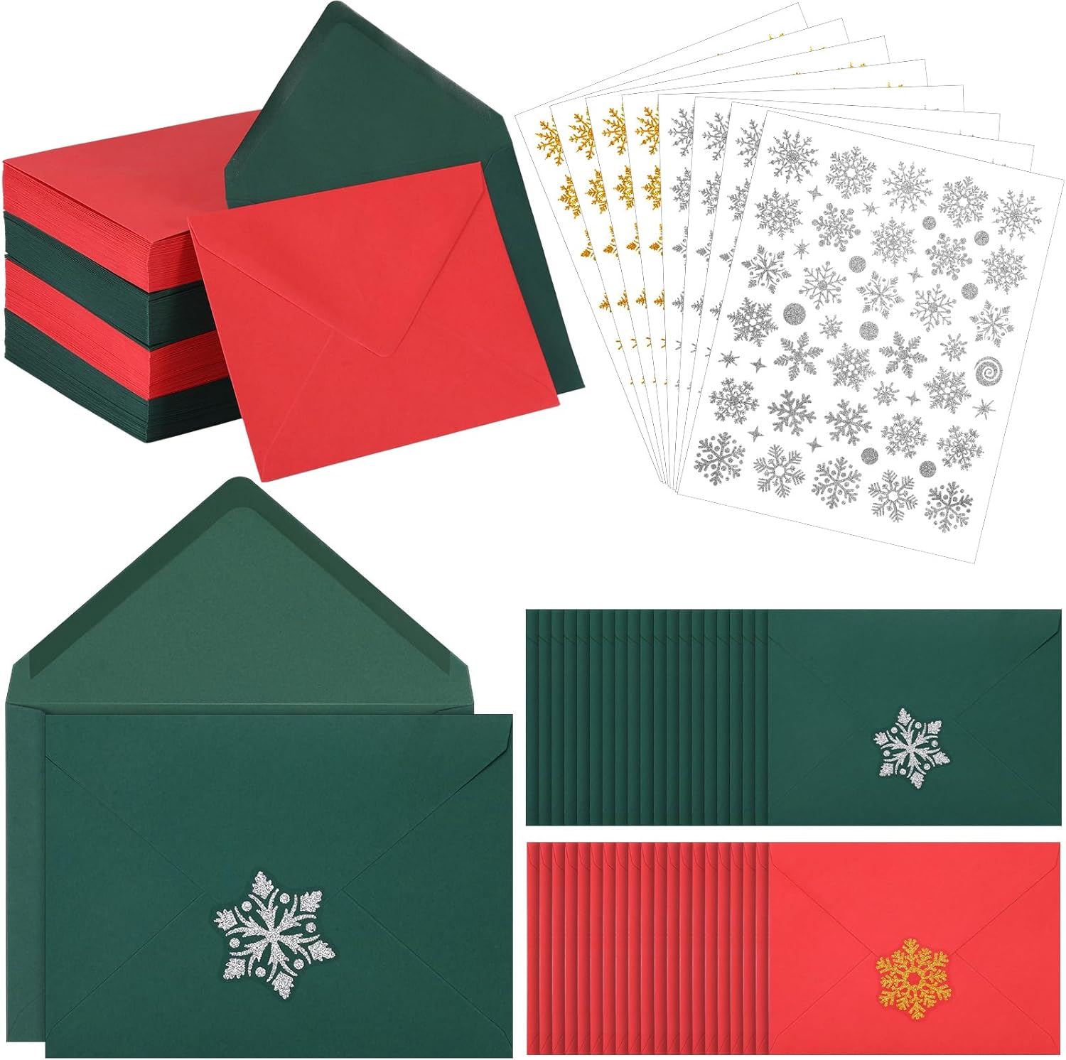 200 sobres de Navidad A7 con 7 hojas, 210 calcomanías de copo de nieve con purpurina de 5 x 7 sobres para tarjetas de regalo, sobres con solapa en V
