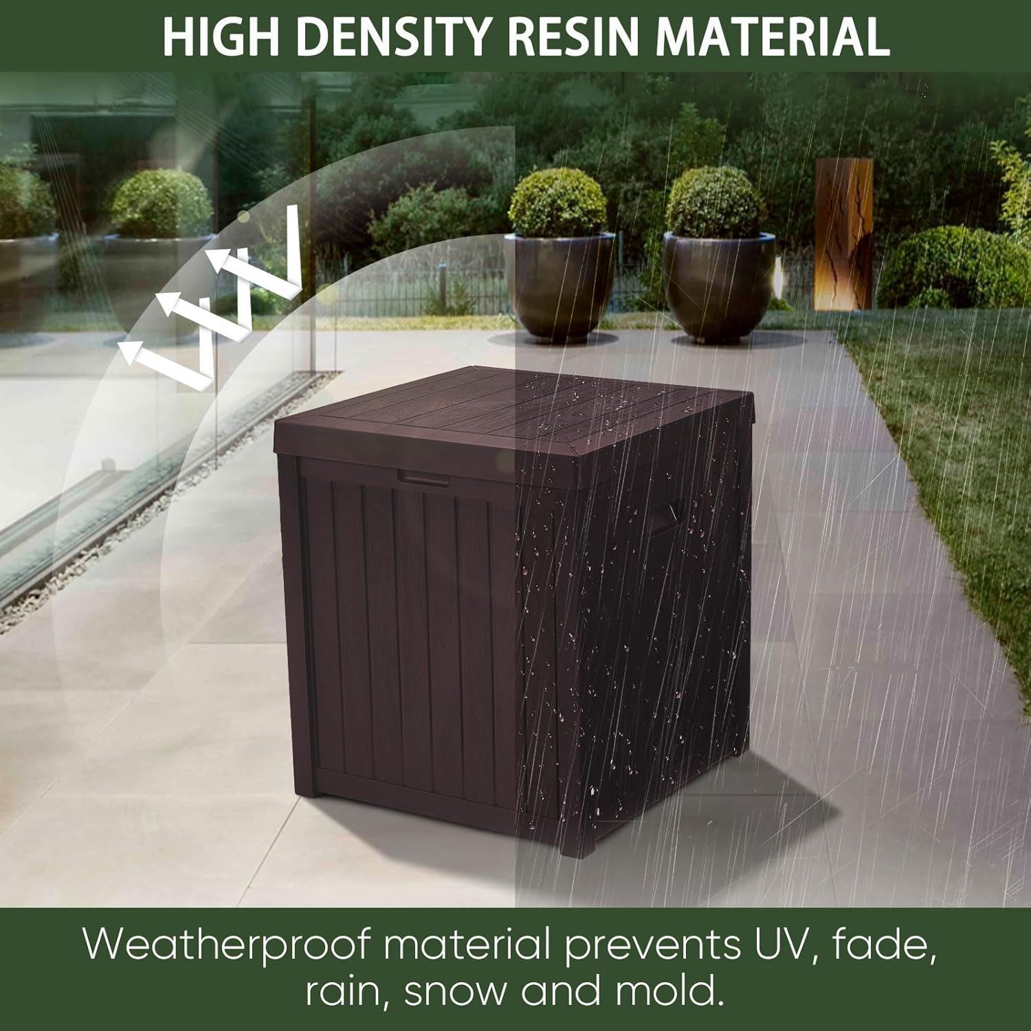 Qily Caja de almacenamiento para exteriores, resina impermeable, almacenamiento de cojines exteriores, caja de cubierta pequeña, duradera, caja de