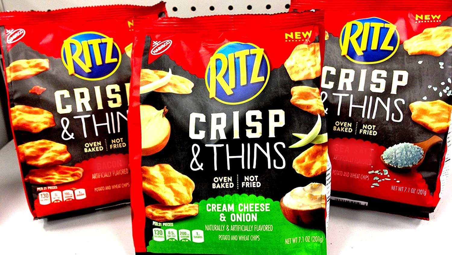 Ritz CRISP & THINS, paquete variado de 3 unidades + juego de clips para bolsa, 1 bolsa de sal ORIGINALSEA, queso crema y cebolla, sal y vinagre