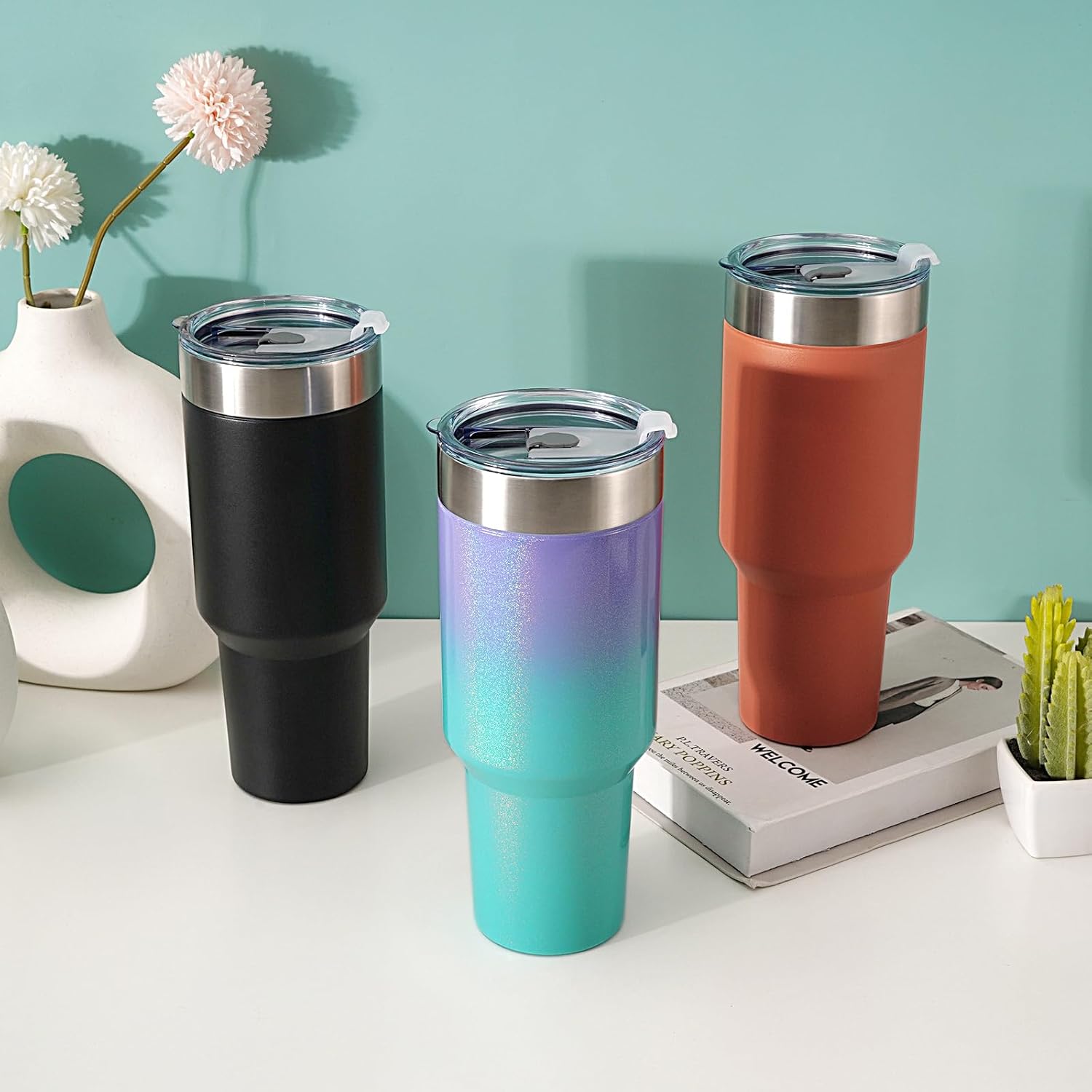 Lifecapido Vaso de 40 onzas, vaso de acero inoxidable, vaso aislado al vacío de doble pared con tapas y popotes, taza de viaje con recubrimiento en