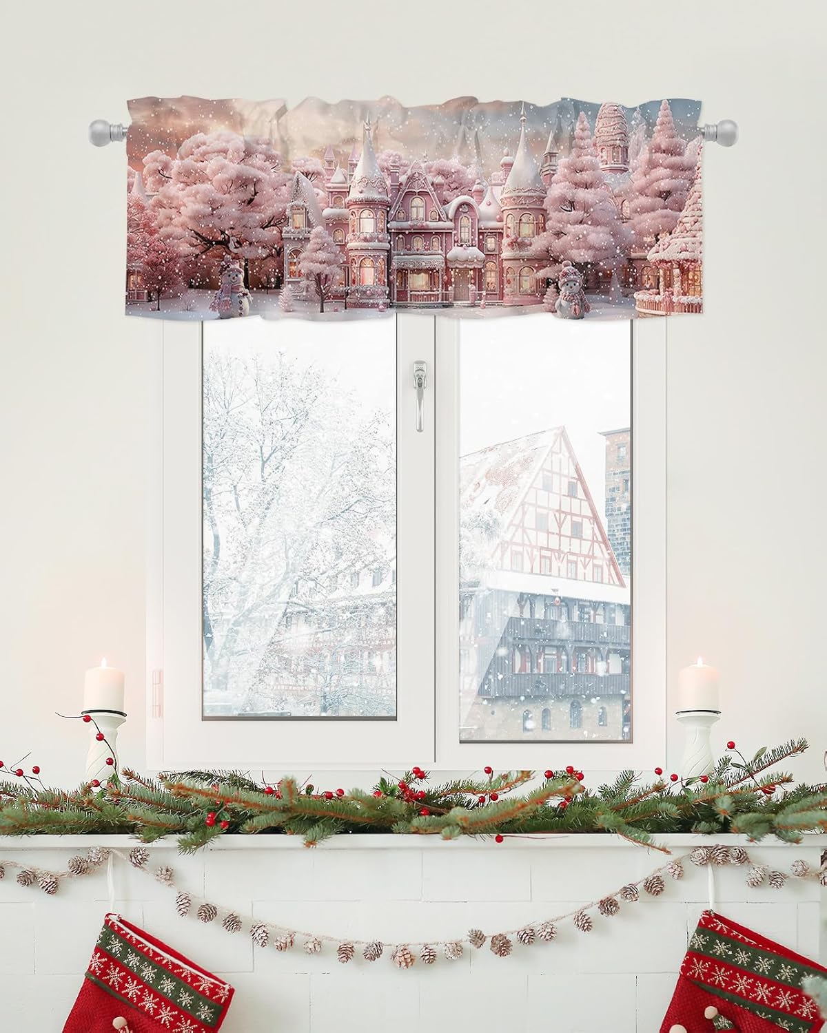 Cenefa de cortina de casa de Navidad para ventanas, sala de estar, cocina, baño, granja, color rosa rubor, romántico, copo de nieve, con bolsillo