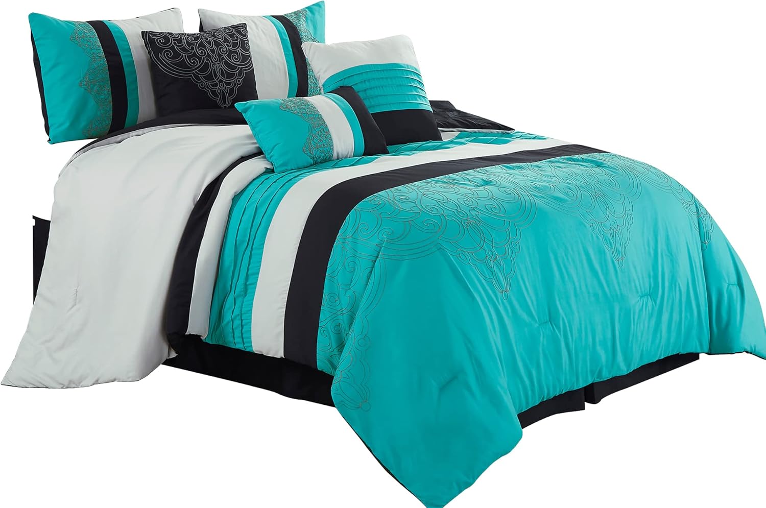 Chezmoi Collection Chloe – Juego de edredón de 7 piezas, diseño geométrico de medallón, plisado, a rayas, color verde azulado, gris, negro, tamaño