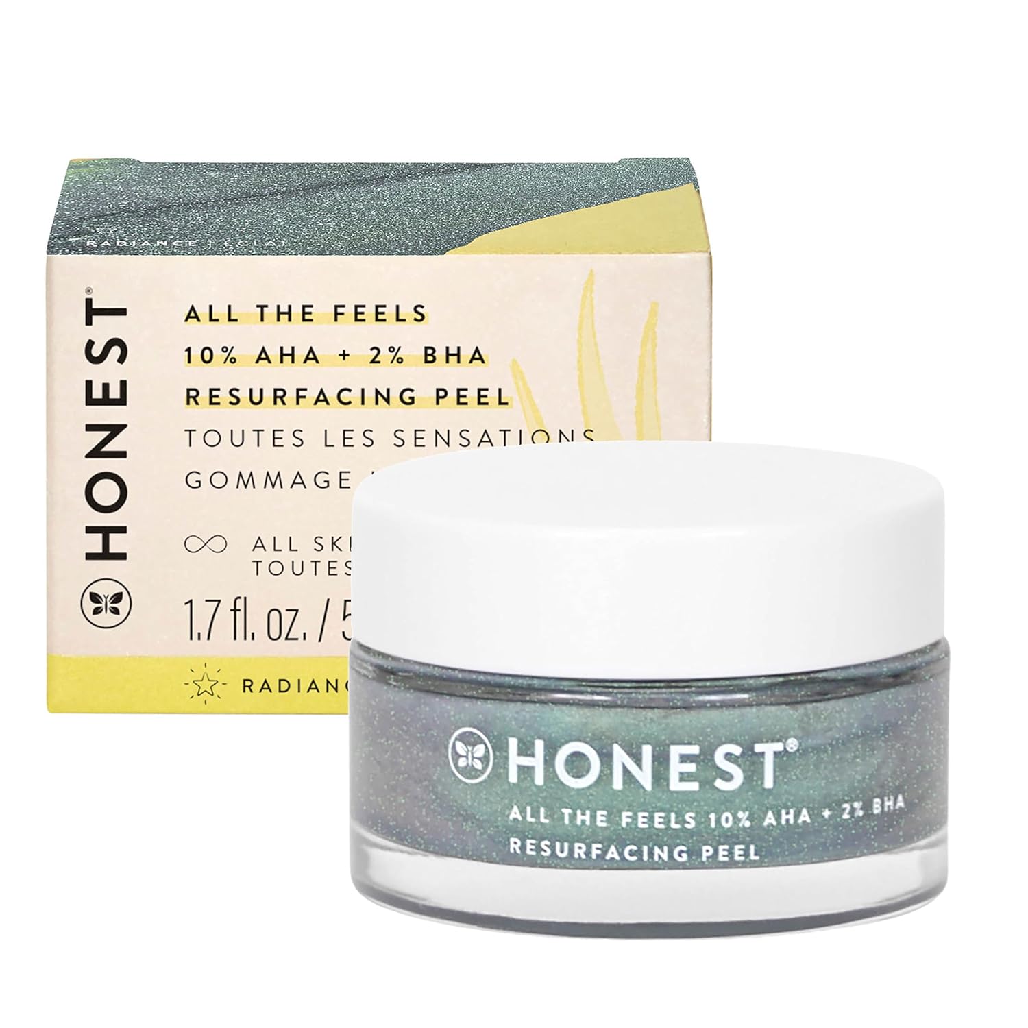 Honest Beauty All the Feels Resurfacing Peel  10% AHA + 2% BHA  Exfolia profundamente + renueva la piel  Vegano + libre de crueldad  1.7 onzas