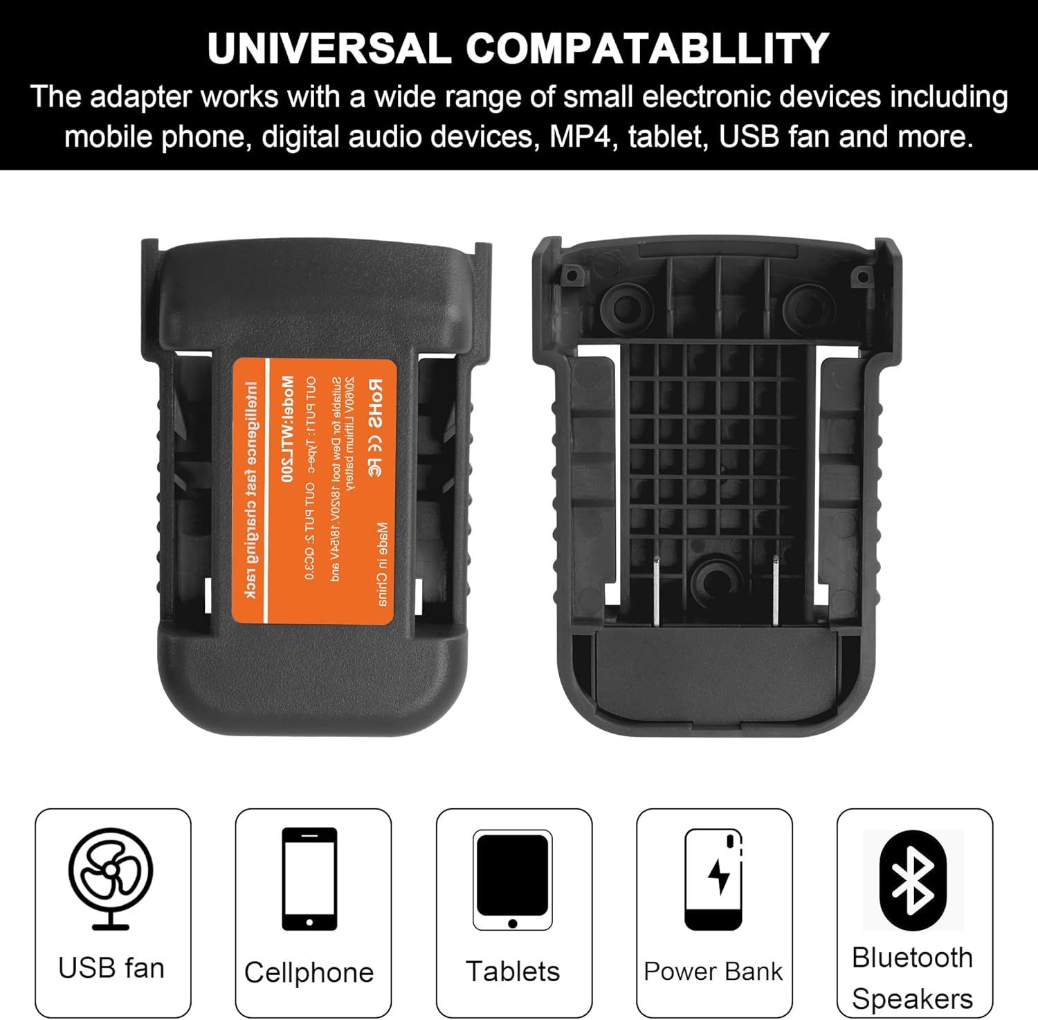 Paquete de 2 adaptadores de cargador USB negro, compatible con batería Dewalt de 20 V 60 V Max, con carga rápida tipo C y puertos USB (solo