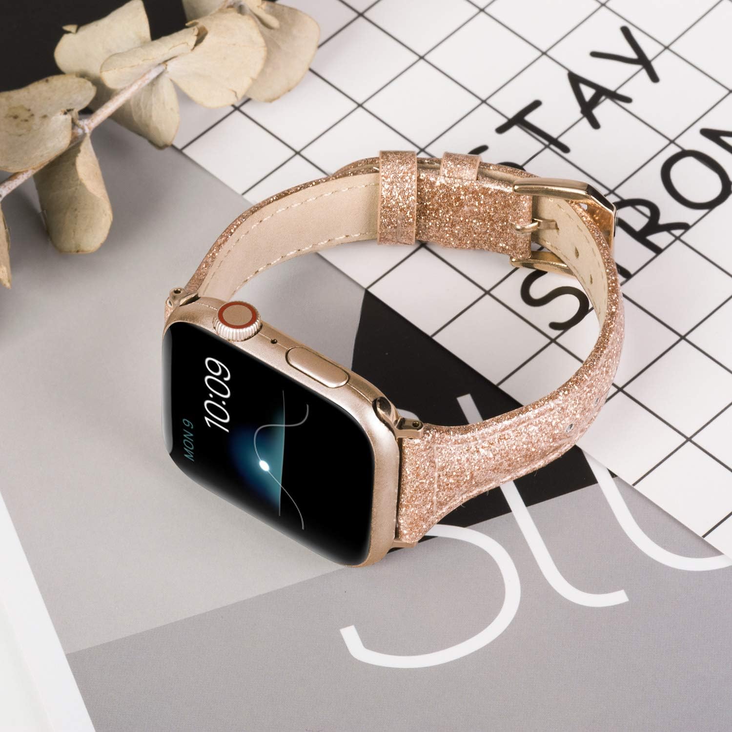 Wearlizer – Correa de repuesto de piel fina con purpurina compatible con correas de Apple Watch de 1.496in, 1.575in, 1.654in, 1.732in, para mujer,