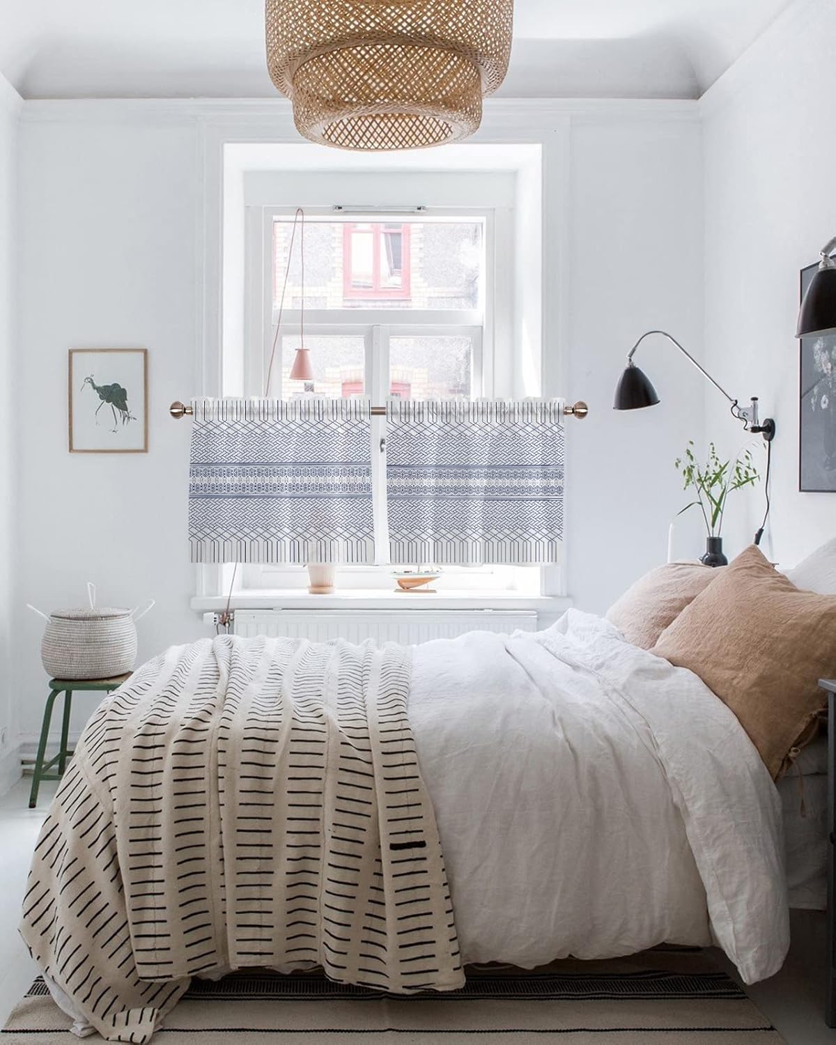 Cortinas traslúcidas geométricas azules para dormitorio, sala de estar, cortina de ventana de 24 pulgadas de largo, cortinas de gasa con bolsillo