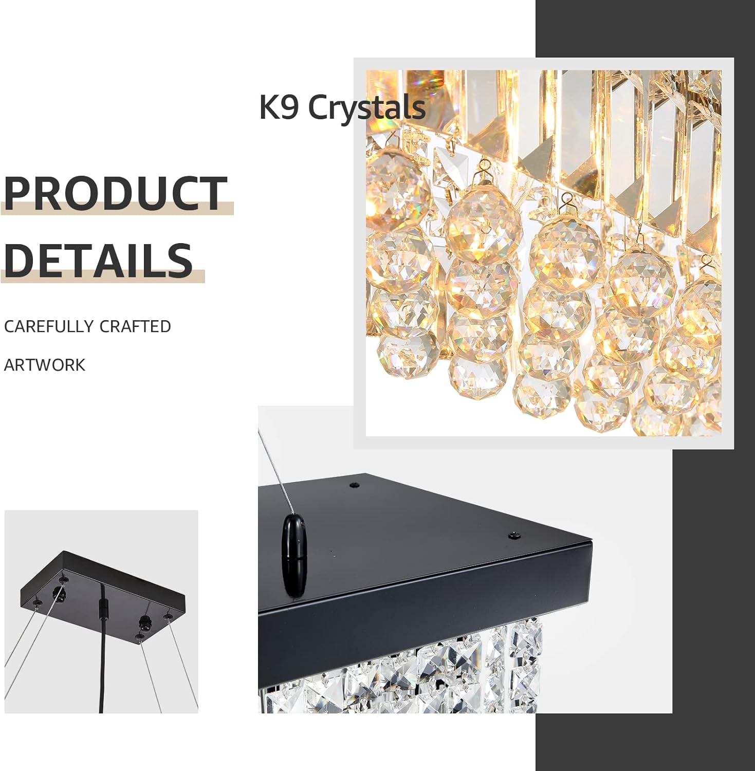 Moooni Lámpara rectangular para comedor, moderna lámpara rectangular de cristal negro para comedor, 10 luces, lámpara de araña de cristal ajustable