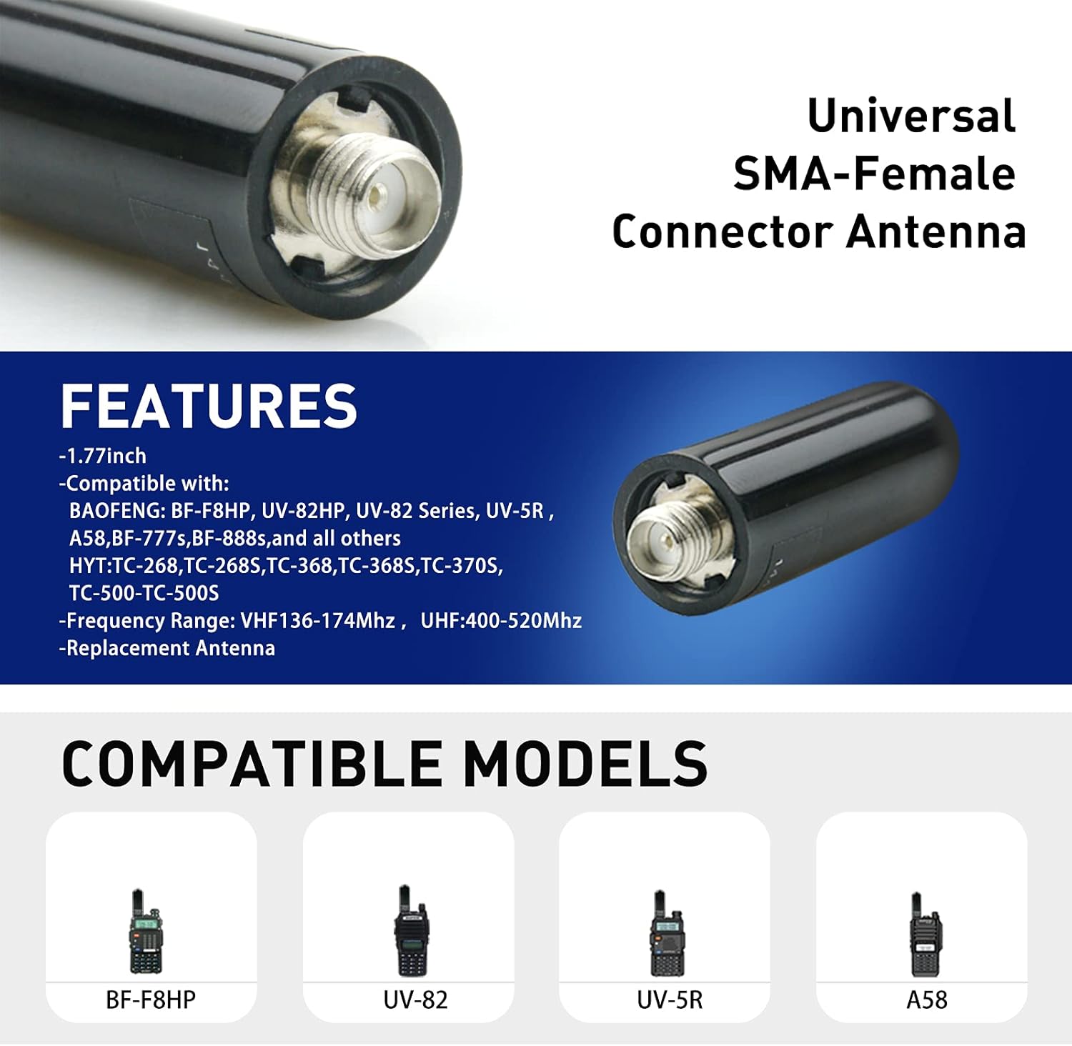 NA-805 Antena corta universal Walkie Talkie VHFUHF 1364301200MHz SMA-Hembra Antena de repuesto para radios PUXING Retevis Kenwood HYT (2 unidades)