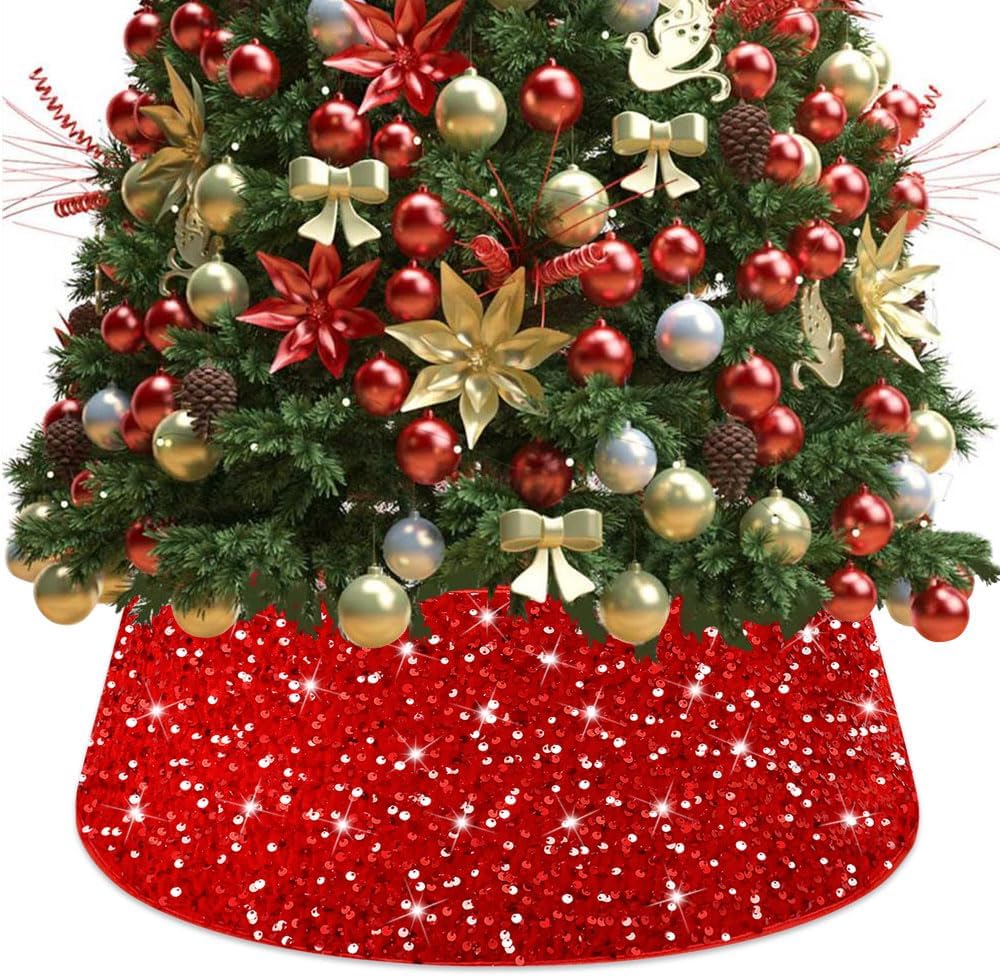 Falda de árbol de Navidad roja con lentejuelas y lentejuelas de 23.6 pulgadas, faldas de terciopelo con purpurina para árbol de Navidad, anillo de