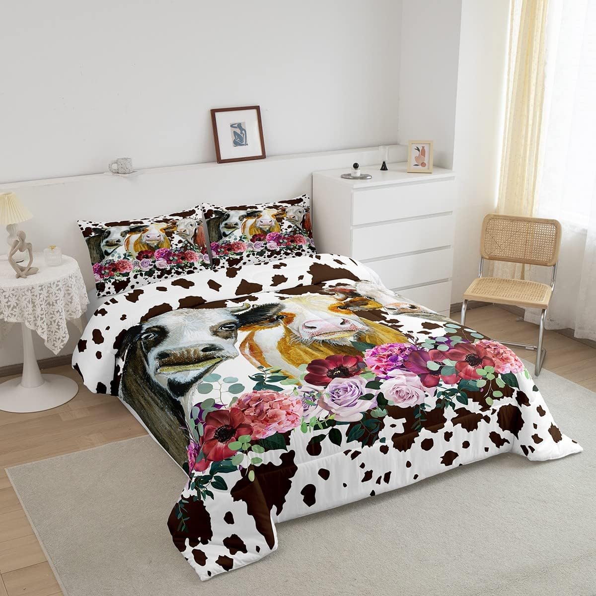 Juego de ropa de cama con estampado de vaca, tamaño Queen, juego de edredón de vaca de las tierras altas para niños, niñas y adolescentes, edredón