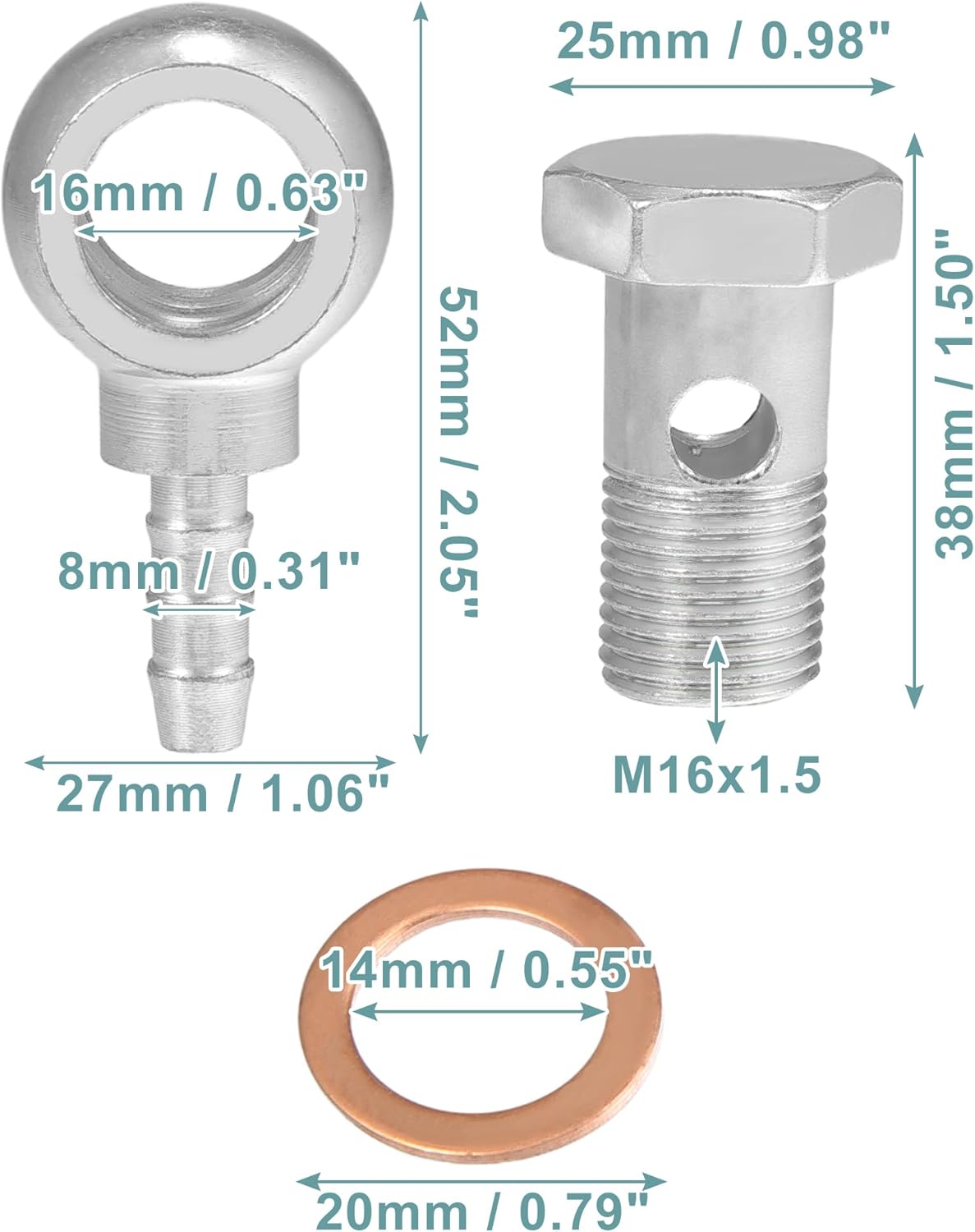 ACROPIX 0.630 in ID 0.315 in OD M16x1.5 Banjo Bolt manguera accesorios universal Banjo montaje línea de combustible con arandela de tornillo para