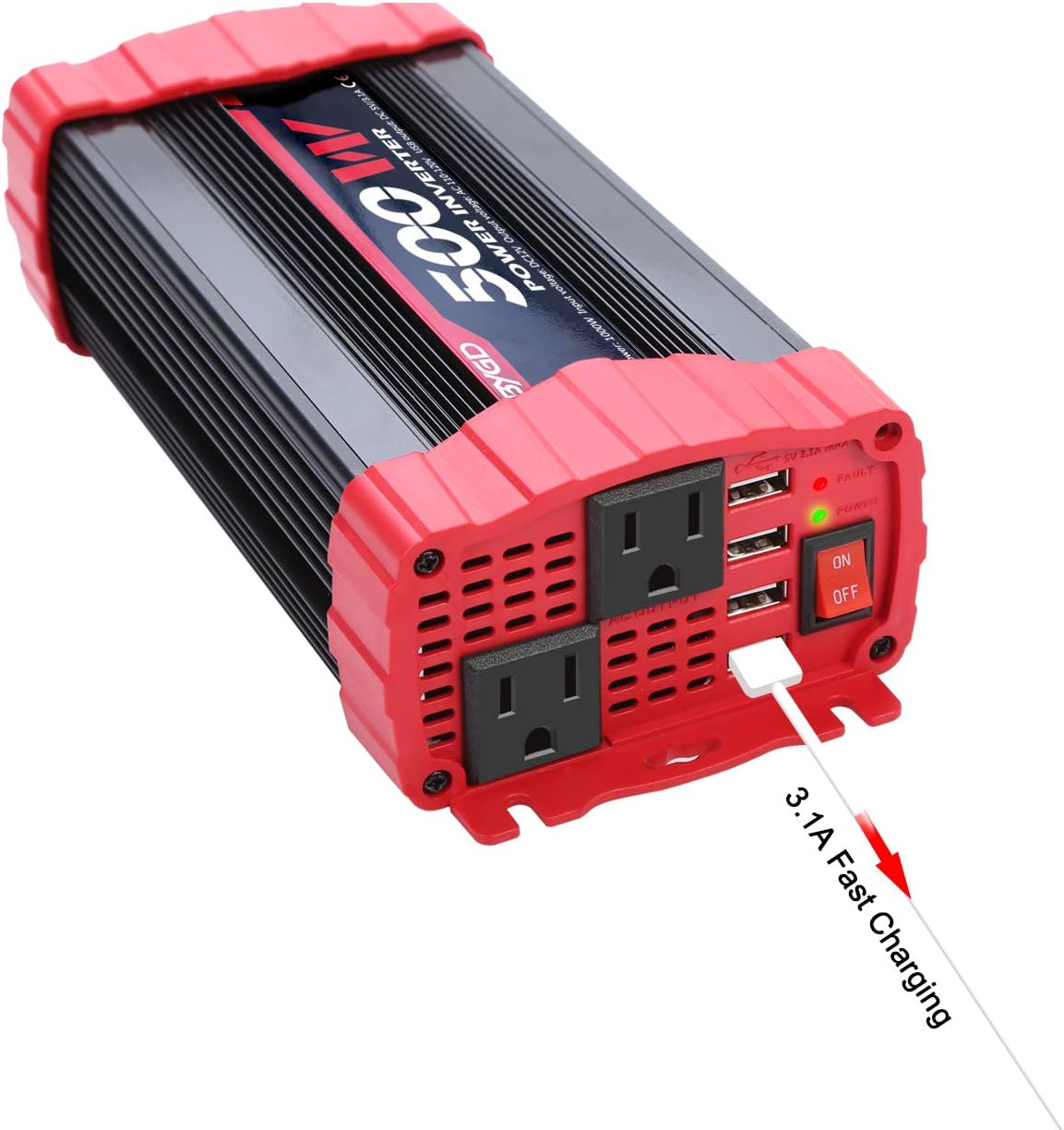 BYGD Inversor de corriente de automóvil de 500 W convertidor de corriente continua de 12 V a 110 V doble toma de corriente con 31 A 4 puertos USB - Imagen 8