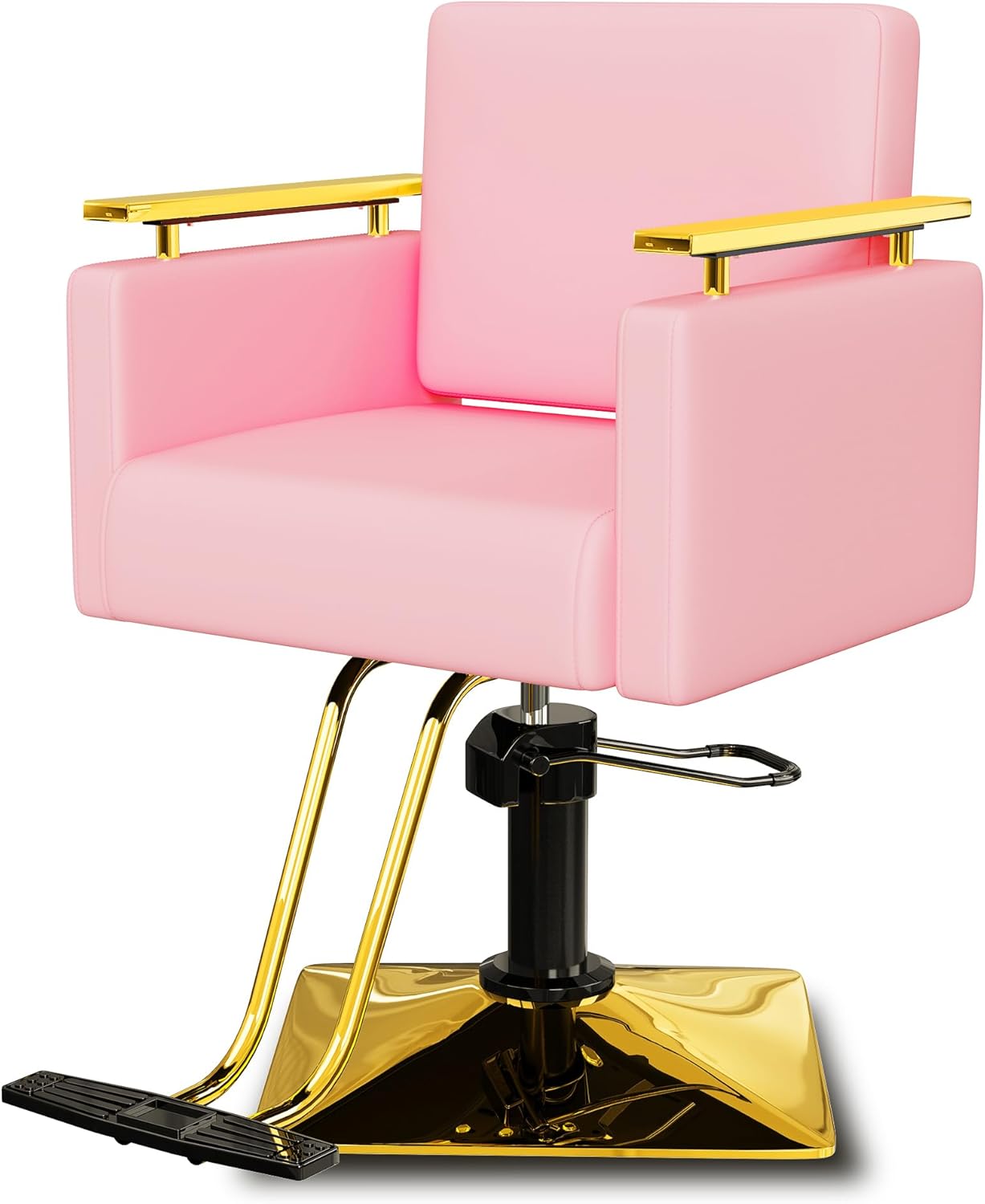 Baasha Silla de salón dorada de lujo con asiento y respaldo de espuma viscoelástica, silla de peluquería con reposabrazos de acero inoxidable, silla