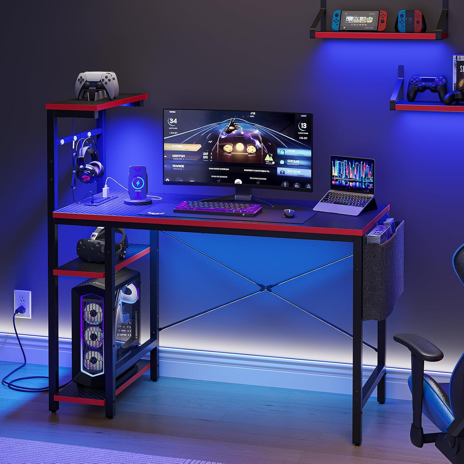 Bestier Escritorio para juegos con tomas de corriente, escritorio LED de 44 pulgadas con estantes reversibles de 4 niveles, mesa de juegos de PC con