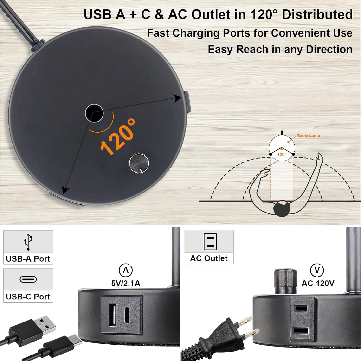 Lámparas de mesita de noche de 15.75 pulgadas con puertos USB A+C y salida de CA, pequeña luz de mesita de noche para dormitorios, lámpara de