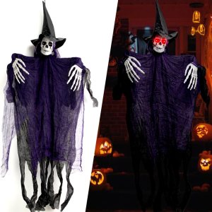 Decoración de Halloween, fantasma de esqueleto de bruja colgante, 41.3 pulgadas con ojos brillantes, decoraciones de Halloween para exteriores, Decoración de Halloween, fantasma de esqueleto de bruja colgante, 41.3 pulgadas con ojos brillantes, decoraciones de Halloween para exteriores,