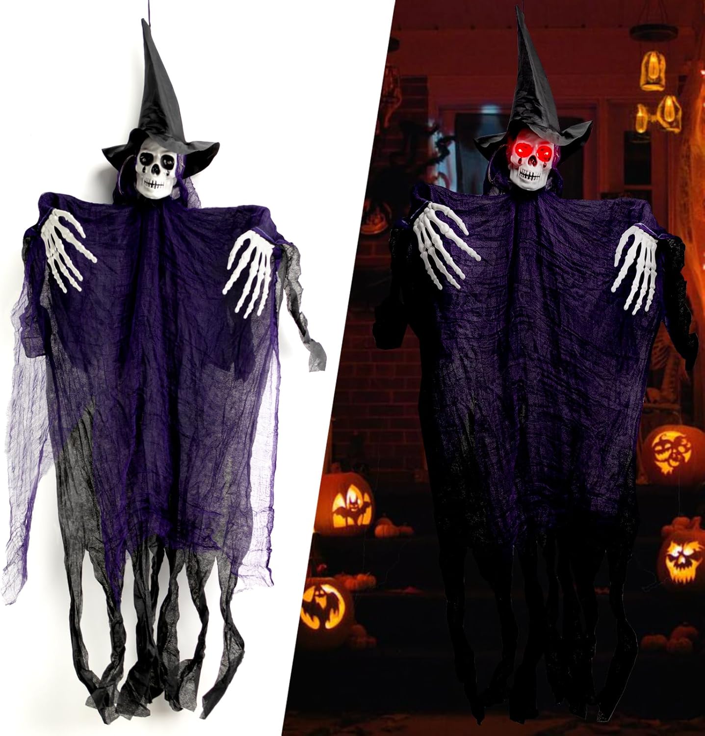 Decoración de Halloween, fantasma de esqueleto de bruja colgante, 41.3 pulgadas con ojos brillantes, decoraciones de Halloween para exteriores,
