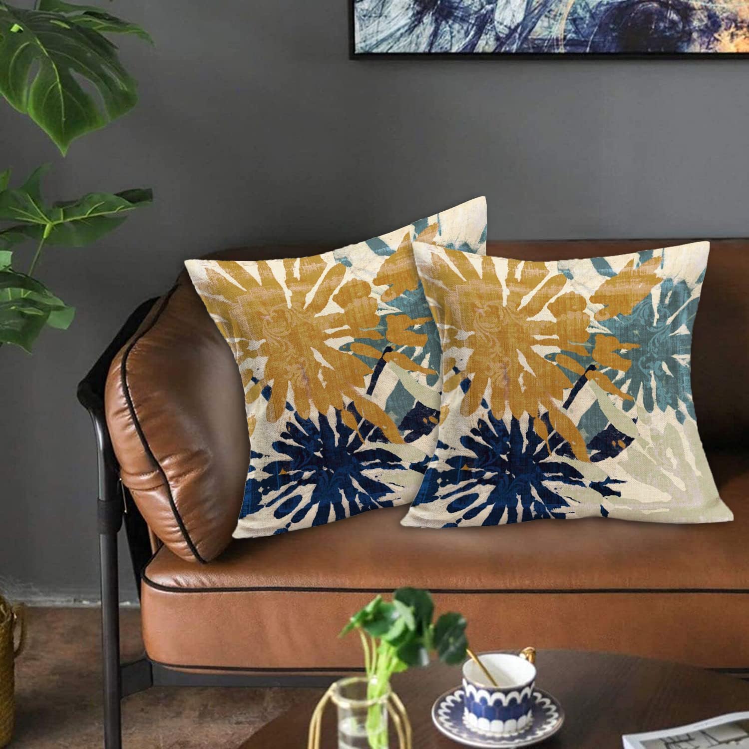 Juego de 2 fundas de almohada decorativas de color azul marino y dorado de 18 x 18 pulgadas, fundas de almohada abstractas verde azulado con