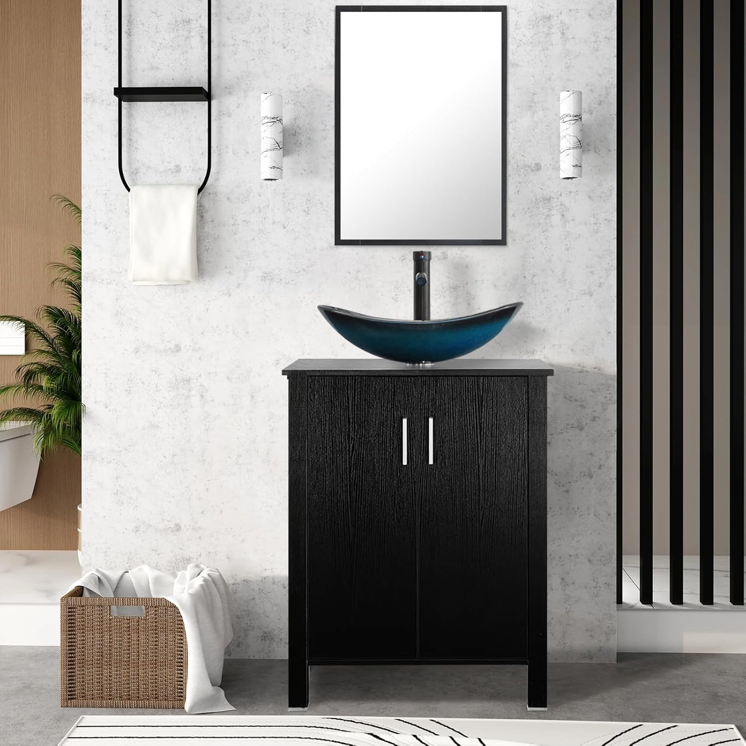 eclife Lavabo de tocador de baño de 24 pulgadas, moderno gabinete de MDF con espejo azul barco de vidrio templado, grifo de ahorro de agua ORB y