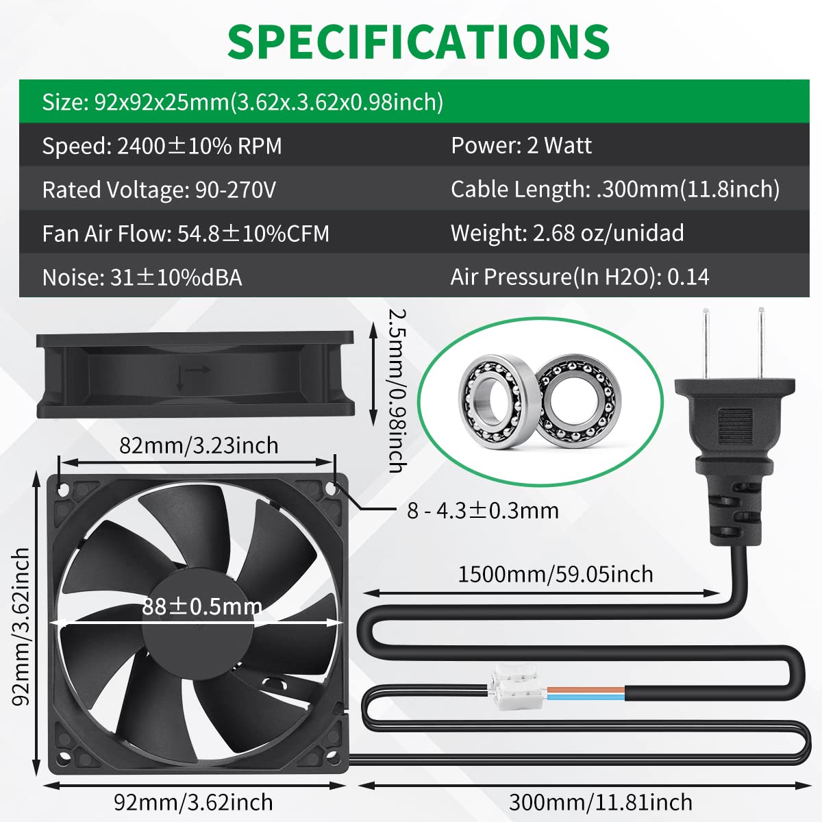 EC 3.622 in x 0.984 in 3.543 in Ventilador de enfriamiento axial AC 110v 120v 220v 240v doble bola pared enchufe para receptor DVR Playstation Xbox