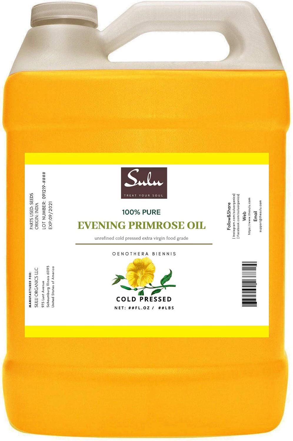 SULU ORGANICS Aceite de onagra prensado en frío virgen 100% puro, sin refinar, 12% GLA (4 oz)
